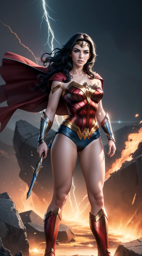 (Best Quality, masterpiece, ultra-detailer, 16K resolution, extremely detailed), Digital Painting, Abstract expressionist painting "Hyperion", character concept art portrait, Wonder Woman, full body, gigantic breasts, catastrophe,