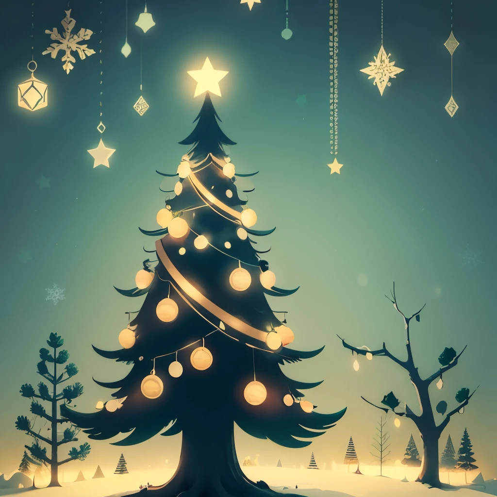Christmas flat design poster, dark tech style, silhouette of Christmas tree outside, ultra high definition details, flat design --auto --s2