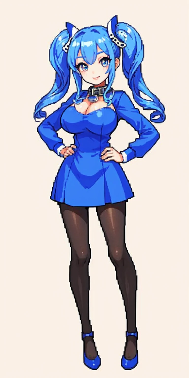 full body standing straight symmetrical, huge boob(masterpiece, best quality:1.2), cowboy shot, solo, 1girl, mmplatz, smile, looking at viewer, hands on hips, twintails, twin drills, dress, blue pantyhose, striped pantyhose, Handcuffs on their hands, With a collar around the neck