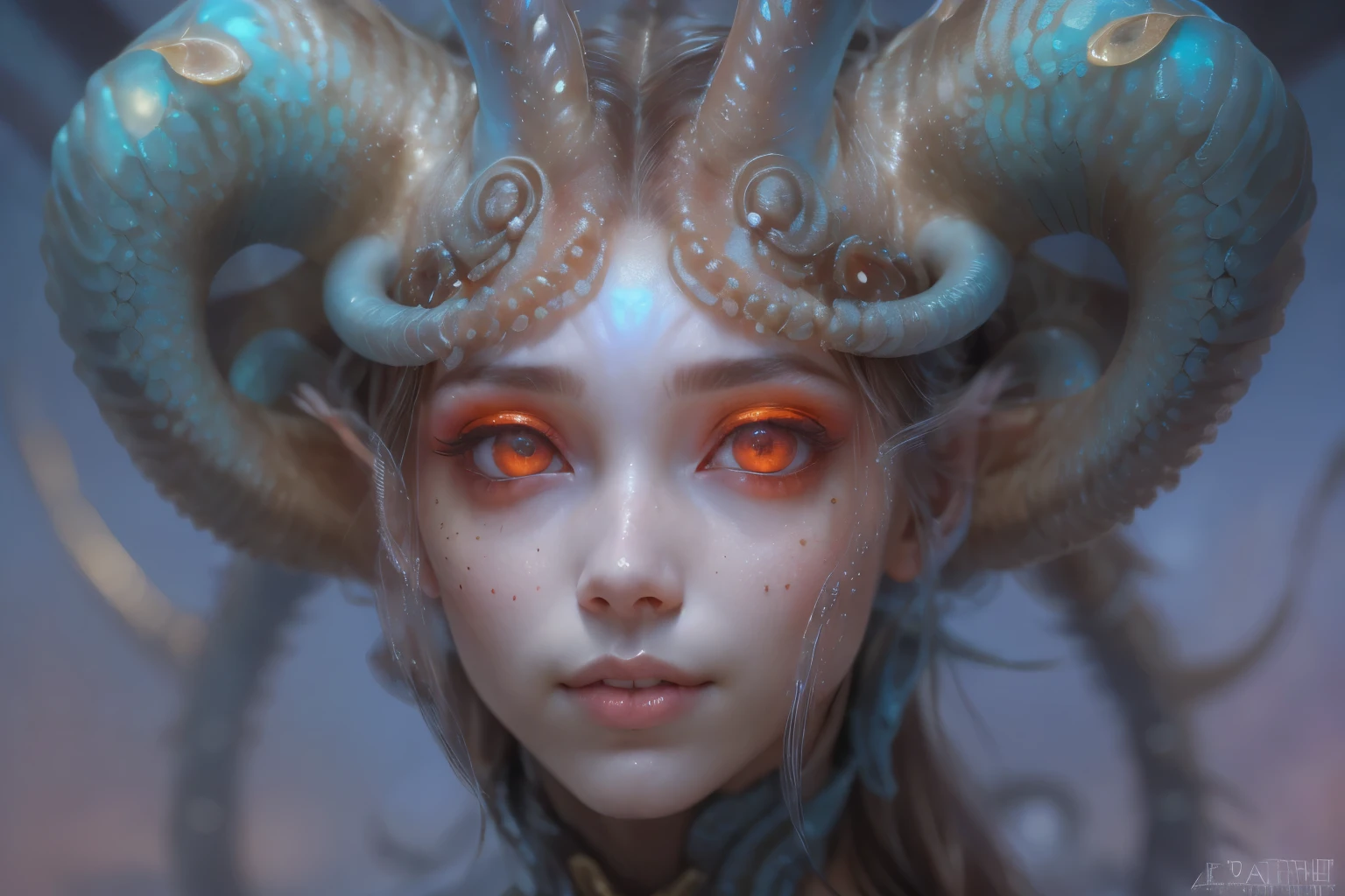 Portrait, (beautiful female alien:1.2), (There is a female genital-like organ in the middle of the forehead...:1.8), (The most beautiful face in the history of the universe:1.2), (scarlet eyes:1.6), (Translucent skin:1.8), an evil gaze that seduces , (red eyes:1.5), Full body like, (sexypose:1.5), alien, No humans, cells are fused, (Lots of translucent tentacles:1.1) (Translucent skin:1.3), extraterrestrial, cell, bio image, 魅惑的, Best Quality, 8K,4K_quality, High Definition, Dramatic Lighting, masutepiece:1.5,cinematic quality, detail up, (Intricate details:1.2), High resolution, High Definition, drawing faithfully, (Thick eyebrows:1.2), Beautiful eyes with fine symmetry, (Ultra detailed eyes:1.2),(Highly detailed face and eyes:1.2), (High-resolution red-eye:1.4), Intimate face, (Super detailed skin quality feeling:1.4), Perfect Anatomy, (Beautiful toned body:1.5), (Moist skin:1.2), No makeup, (dark circles:1.1), long canines, cinematic drawing of characters, ultra high quality model, cinematic quality, detail up, (Intricate details:1.2), High resolution, High Definition, drawing faithfully, Official art, Unity 8K wall , 8K Portrait, Best Quality, Very High resolution, ultra detailed artistic photography, midnight aura, unreal enginee 5, Ultra Sharp Focus, art by alberto seveso, ArtGerm, Roisch, intricate artwork, Medusa, best quality, masutepiece, ultra High resolution, (photos realistic:1.4), Ultra-realistic realism, dream-like, nautilus, Creation of fantasy, Snail, Dream Snail, biopunk nautilus, Thrilling color schemes, Ultra-realistic realism, seductively smiling, Blue tentacles