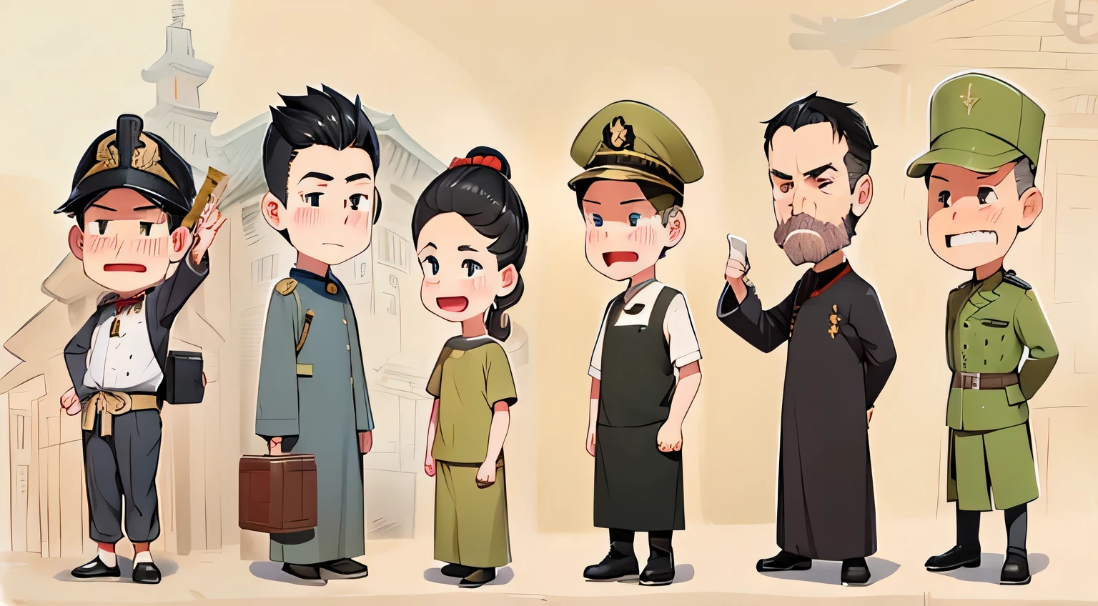 A group of people in military uniforms standing side by side, highly detailed man, detailed man, 人物, character  design, several character  design, 完整的character  design, Everyone is wearing period-appropriate clothes, tiny villagers, 人物, Style illustration, character illustration of a, 全身character  design, 非常风格化的character  design, Official illustration, 高品质的character  design, cute character