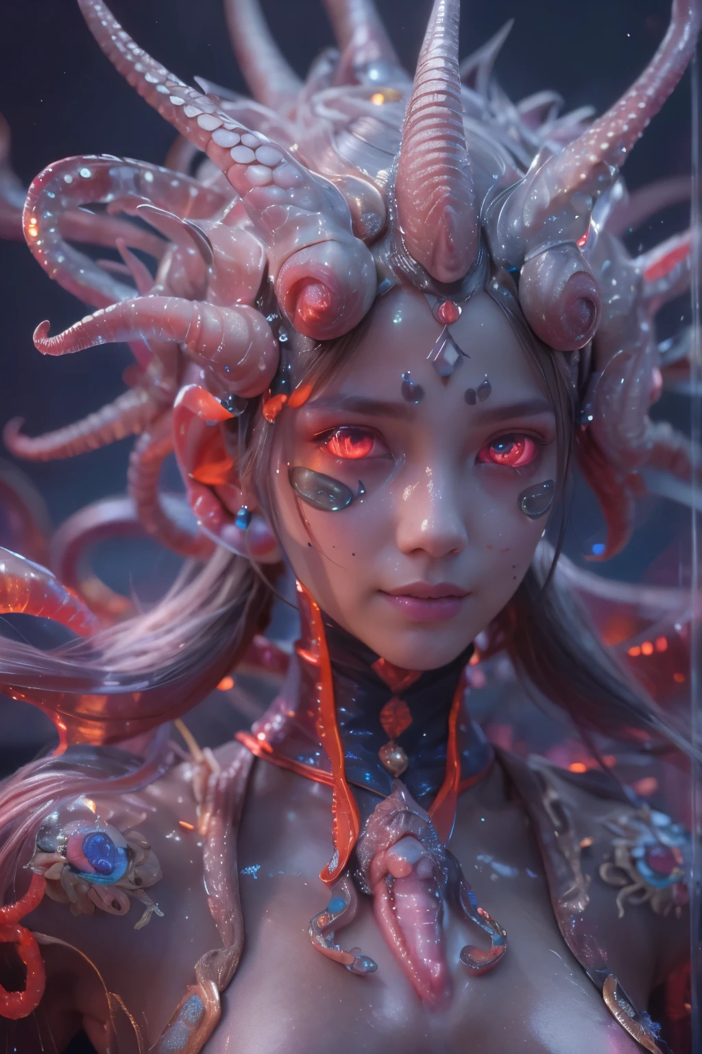 Portrait, (beautiful female alien:1.2),  (There is a female genital-like organ in the middle of the forehead...:1.8), (The most beautiful face in the history of the universe:1.2), (scarlet eyes:1.6), (Translucent skin:1.8), an evil gaze that seduces , (red eyes:1.5), Full body like, (sexypose:1.5), alien, No humans, cells are fused, (Lots of translucent tentacles:1.1) (Translucent skin:1.3), extraterrestrial, cell, bio image, 魅惑的, Best Quality, 8K,4K_quality, High Definition, Dramatic Lighting, masutepiece:1.5,cinematic quality, detail up, (Intricate details:1.2), High resolution, High Definition, drawing faithfully, (Thick eyebrows:1.2), Beautiful eyes with fine symmetry, (Ultra detailed eyes:1.2),(Highly detailed face and eyes:1.2), (High-resolution red-eye:1.4), Intimate face, (Super detailed skin quality feeling:1.4), Perfect Anatomy,  (Beautiful toned body:1.5),  (Moist skin:1.2), No makeup, (dark circles:1.1), long canines, cinematic drawing of characters, ultra high quality model, cinematic quality, detail up, (Intricate details:1.2), High resolution, High Definition, drawing faithfully, Official art, Unity 8K wall  , 8K Portrait, Best Quality, Very High resolution, ultra detailed artistic photography, midnight aura,  unreal enginee 5, Ultra Sharp Focus, art by alberto seveso, ArtGerm, Roisch, intricate artwork, Medusa, best quality, masutepiece, ultra High resolution, (photos realistic：1.4), Ultra-realistic realism, dream-like,  nautilus, Creation of fantasy, Snail, Dream Snail,  biopunk nautilus, Thrilling color schemes， Ultra-realistic realism， seductively smiling, Blue tentacles
