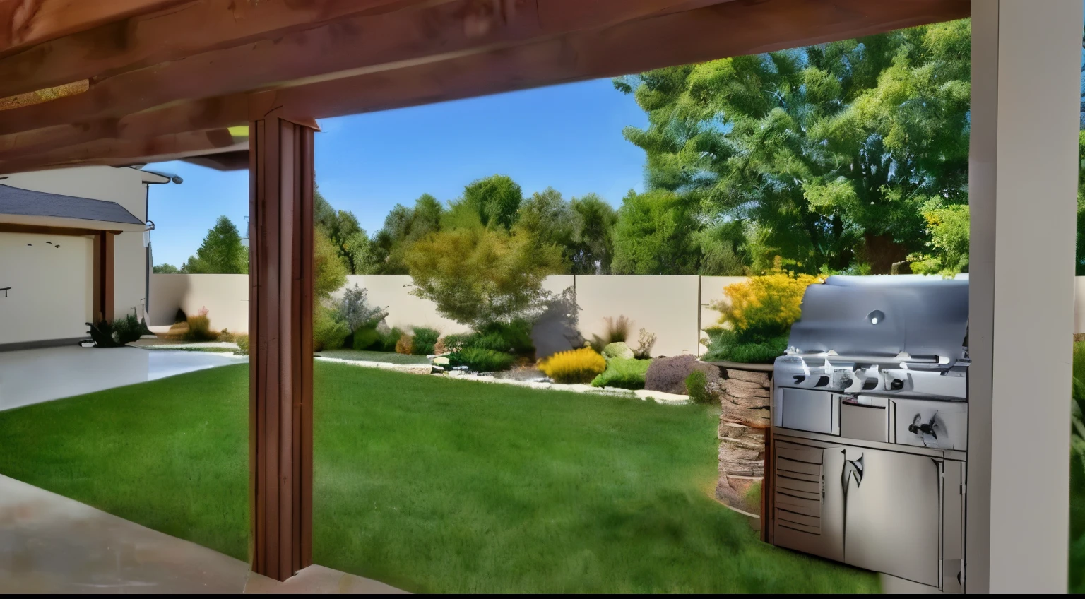There is a backyard patio, garden, with a barbecue grill, on a wooden stand, flowers , trees , in thee perimeter, grass short, wooden pergola,
