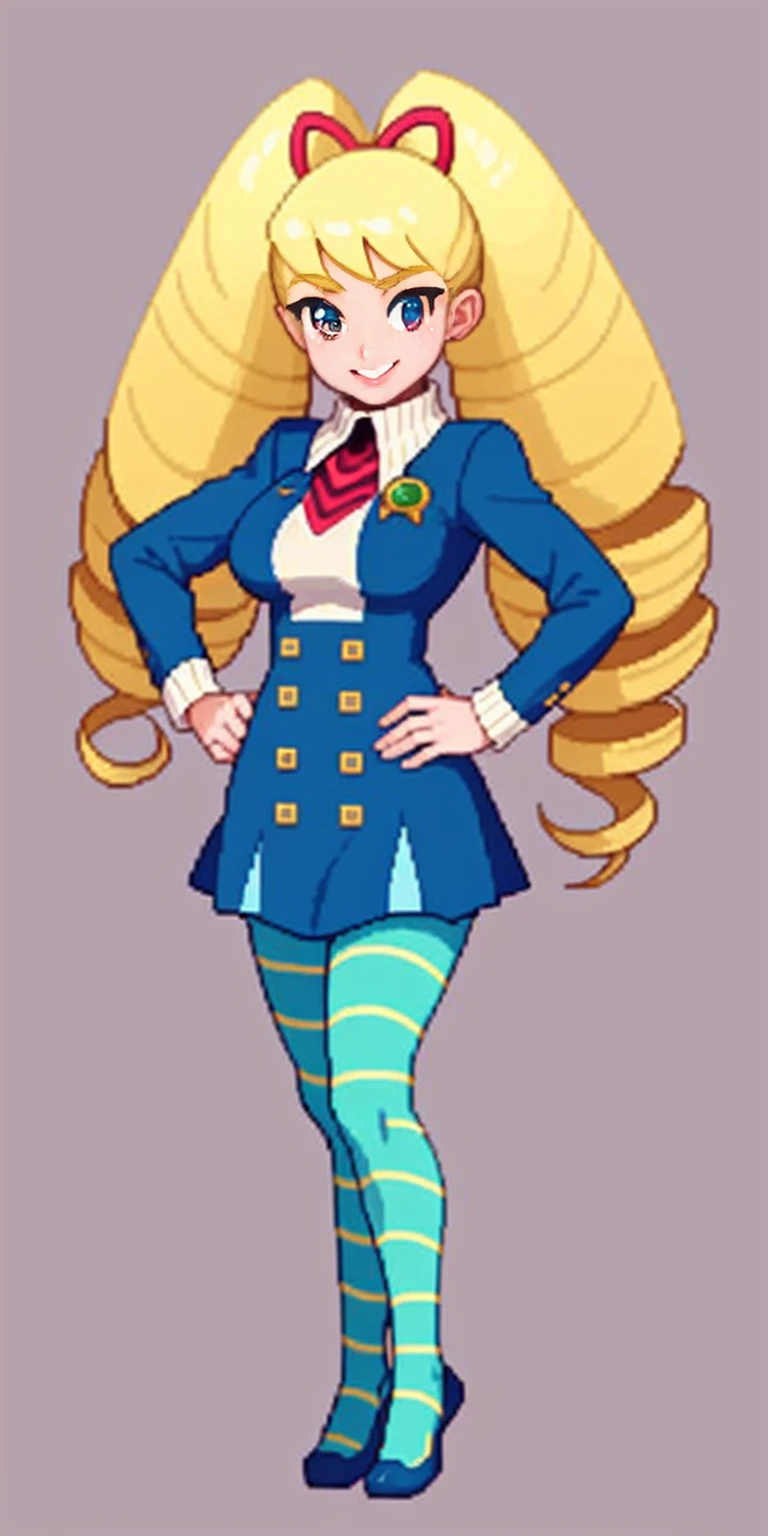 full body standing straight symmetrical, huge boob(masterpiece, best quality:1.2), cowboy shot, solo, 1girl, mmplatz, smile, looking at viewer, hands on hips, twintails, twin drills, dress, blue pantyhose, striped pantyhose, Handcuffs on their hands, With a collar around the neck