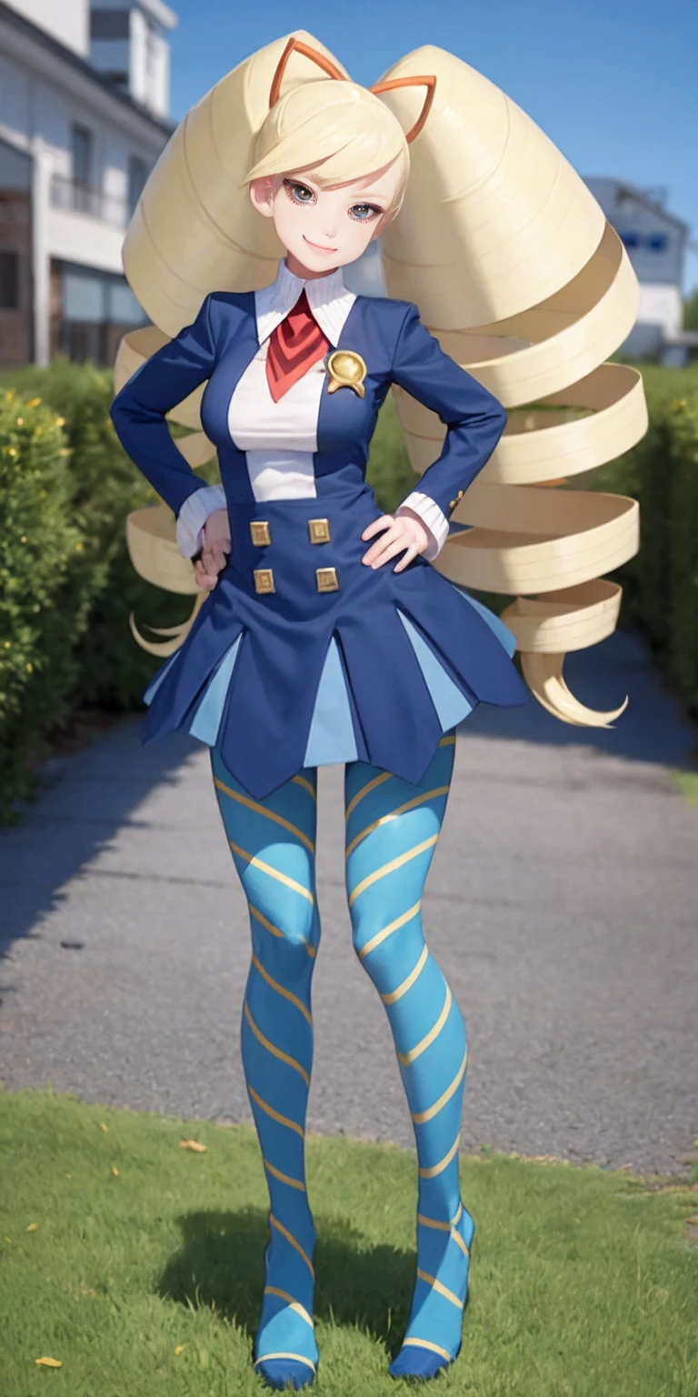 full body standing straight symmetrical, huge boob(masterpiece, best quality:1.2), cowboy shot, solo, 1girl, mmplatz, smile, looking at viewer, hands on hips, twintails, twin drills, dress, blue pantyhose, striped pantyhose, Handcuffs on their hands, With a collar around the neck