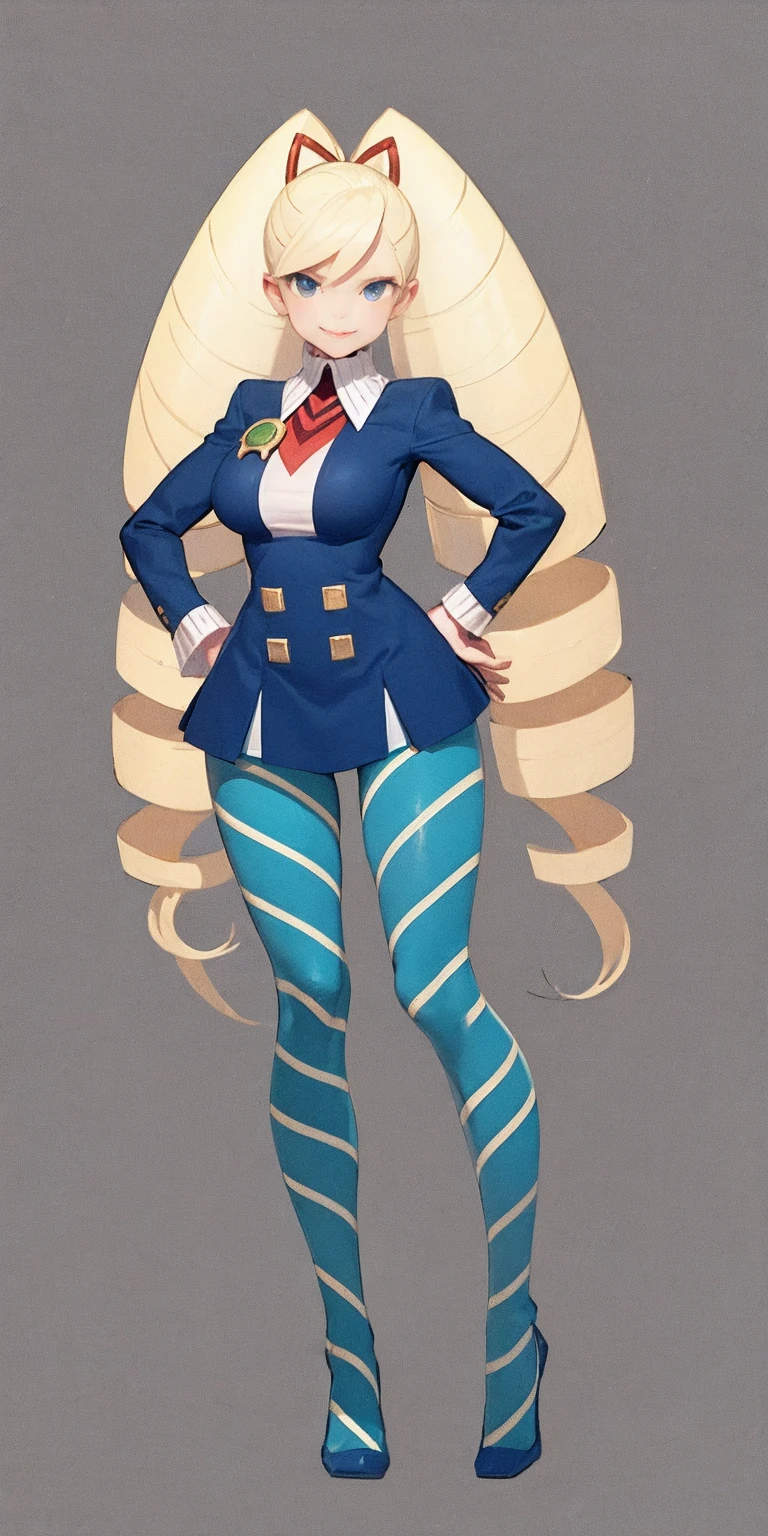 full body standing straight symmetrical, huge boob(masterpiece, best quality:1.2), cowboy shot, solo, 1girl, mmplatz, smile, looking at viewer, hands on hips, twintails, twin drills, dress, blue pantyhose, striped pantyhose, Handcuffs on their hands, With a collar around the neck