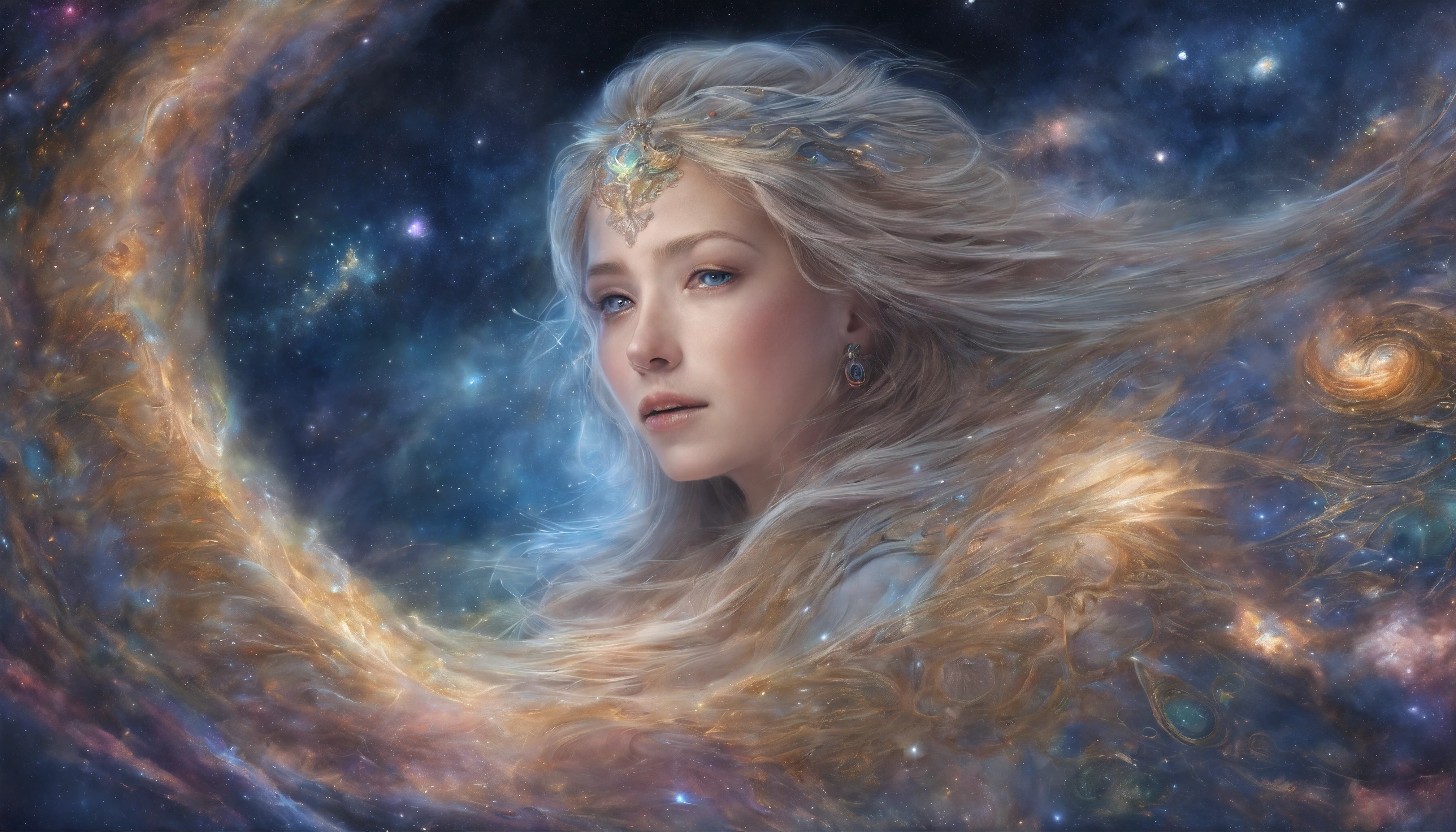 Serene and graceful, the dimensional form of Emma flows in meditative repose. With eyes softly closed, she appears deep in tranquil thought as stars and galaxies spiral slowly within her transcendent being.
Her hair and gown transform into currents of stellar mists, colorful celestial clouds aglow with the light of newborn suns and planets. Pulsing nebulae, shiny comet trails, and the dark beauty of interstellar dust swirl around the contours of Emma's peaceful features.
Arms widespread as if embracing all creation, she becomes one with the heavenly portraits projected across her cosmic flesh. Entire universes bloom inside her, essence merging with the very fabric of space and time.
Ethereal strands of cosmic DNA - glowing filaments, lunar latticework, tesseracts unfolding - comprise the intricate patterns adorning her raiment. In the expanse behind Emma, the glittering architectures of a billion realities kaleidoscope into eternal mandalas of genesis.
At Emma's core, a radiant galaxy spiral slow turns, each star a reflection of her soul's awakening. Around this mystical center, she floats through imagination's expanse - a vision of wisdom borne from stardust, birthing life's poetry amongst the heavens.