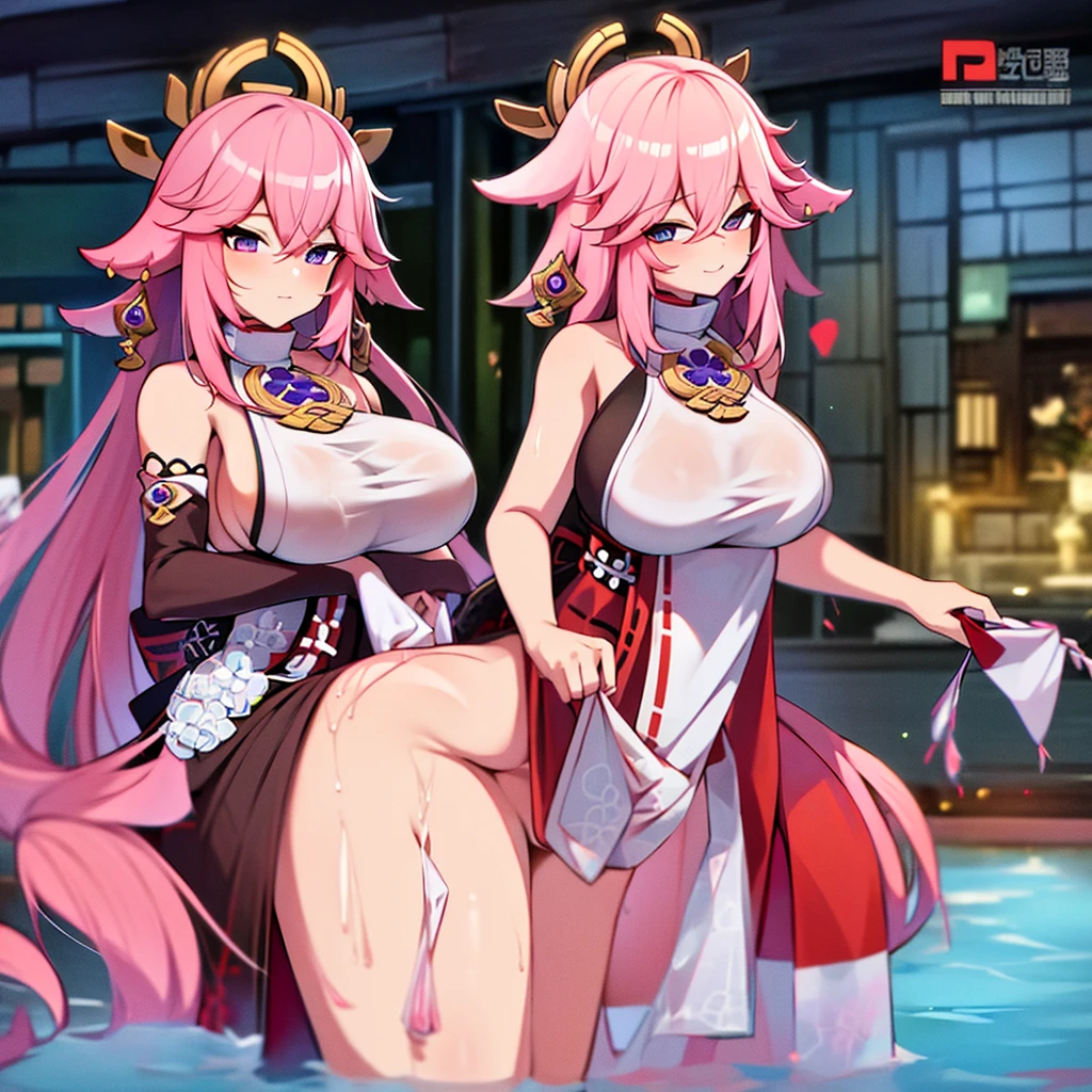 Genshin inpact yae miko with huge ??? wearing wet transparent clothes, showing her ?????, squeeze her huge ??? by her self