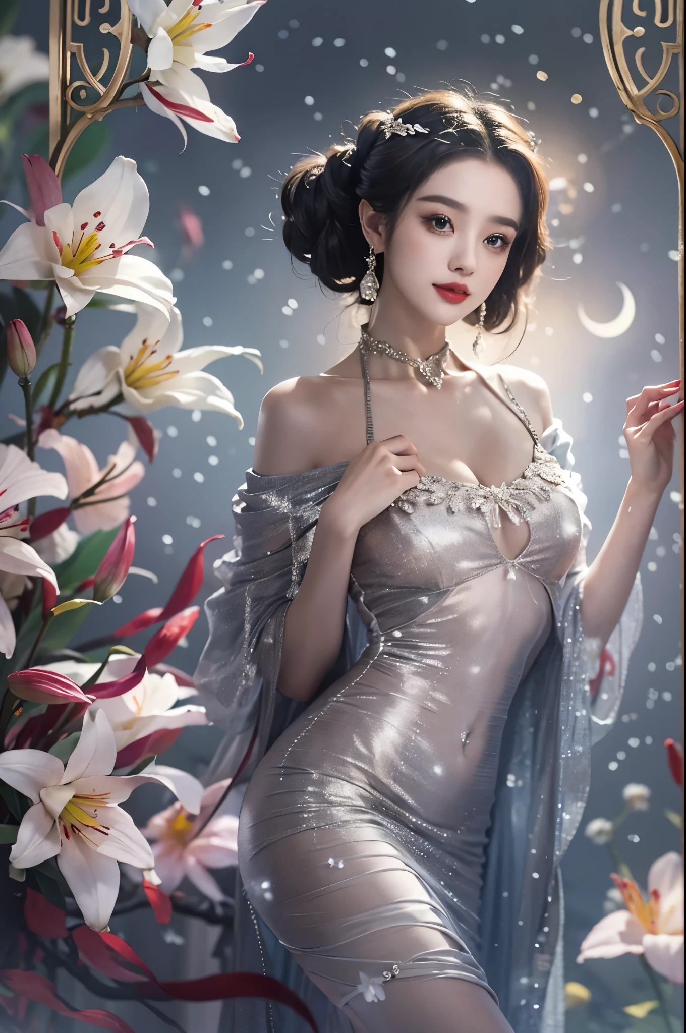 Glitter bead dress11, ((cowboy shot)), Redlip, A mature woman, cosmetics, フォトリアリスティック、real photograph、((realistically:1.5))、There are white phalaenopsis around the hair,Lilac dendrobium、white lilies、1 rapariga、Brown hair、floated hair、A plump chest, slim toned body, Charming legs, Hefty Smile, Strike elegant poses, Have extremely beautiful facial features、Hairpin on the head、perfect hand、(natta、themoon、precipice)、 vectorial art、Chinese contemporary art、gentlesoftlighting、looking-down