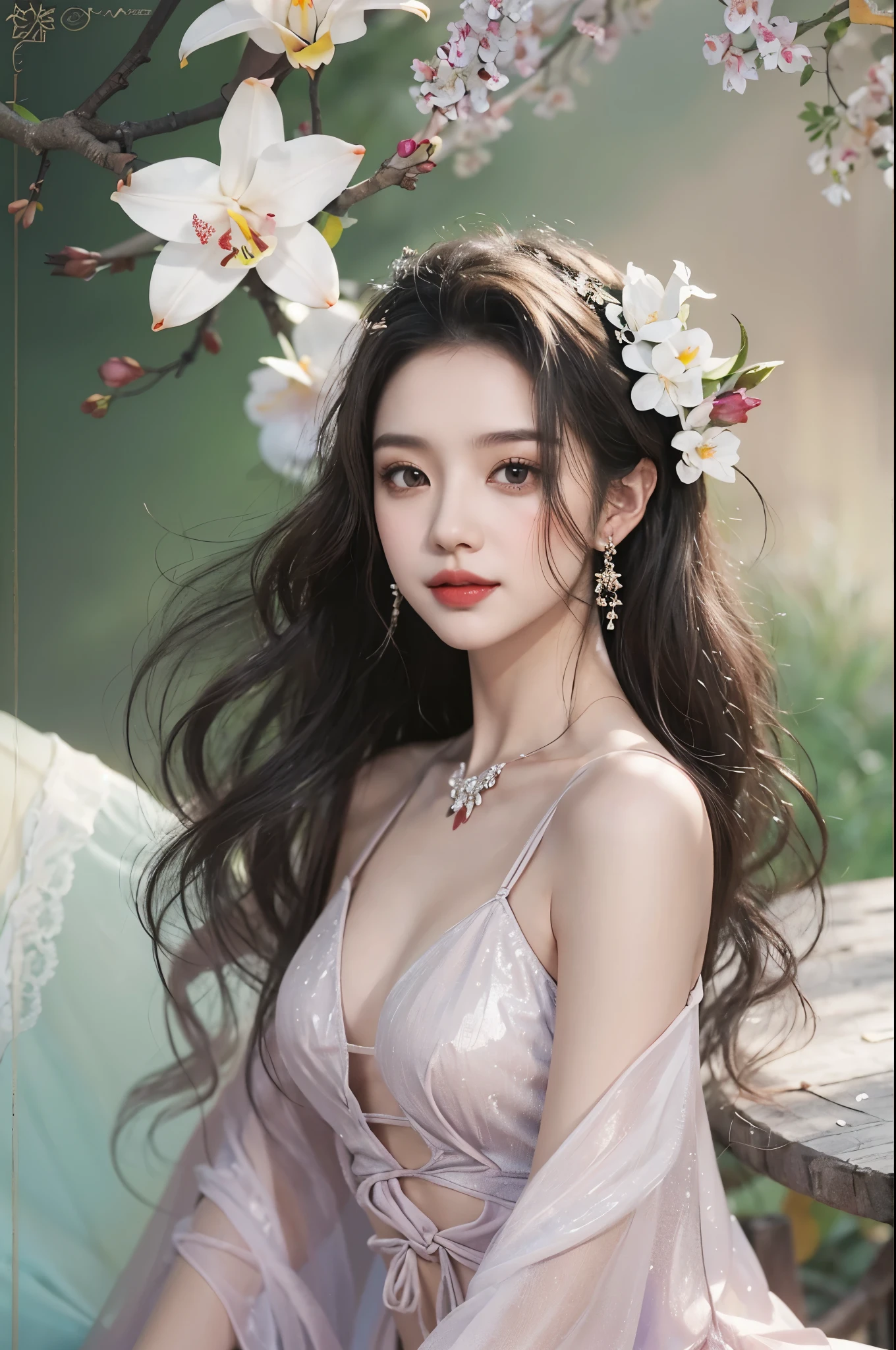 dress,navel, ((cowboy shot)), Redlip, A mature woman, cosmetics, フォトリアリスティック、real photograph、((realistically:1.5))、There are white phalaenopsis around the hair,Lilac dendrobium、white lilies、1 rapariga、Brown hair、floated hair、A plump chest, slim toned body, Charming legs, Hefty Smile, Strike elegant poses, Have extremely beautiful facial features、Hairpin on the head、perfect hand、(natta、themoon、precipice)、 vectorial art、Chinese contemporary art、gentlesoftlighting、looking-down