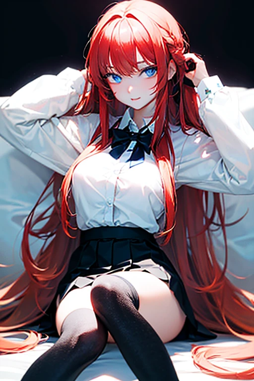 ((masterpiece)),(best quality),(detailed),(1girl),long hair, glowing eyes, white shirt, black skirt, black stockings,  large breast, sexy, blue eyes