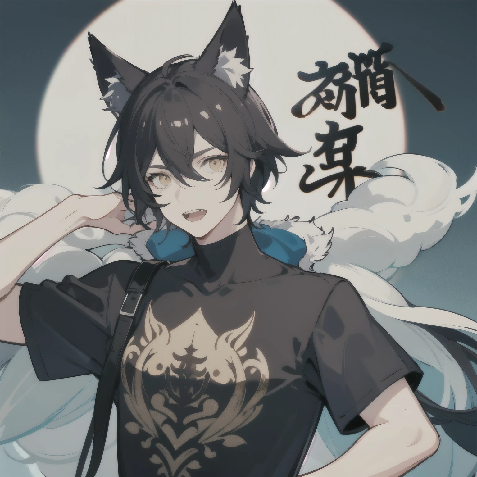 A boy with black hair and yellow eyes with wolf ears and wolf teeth male wearing t-shirt.