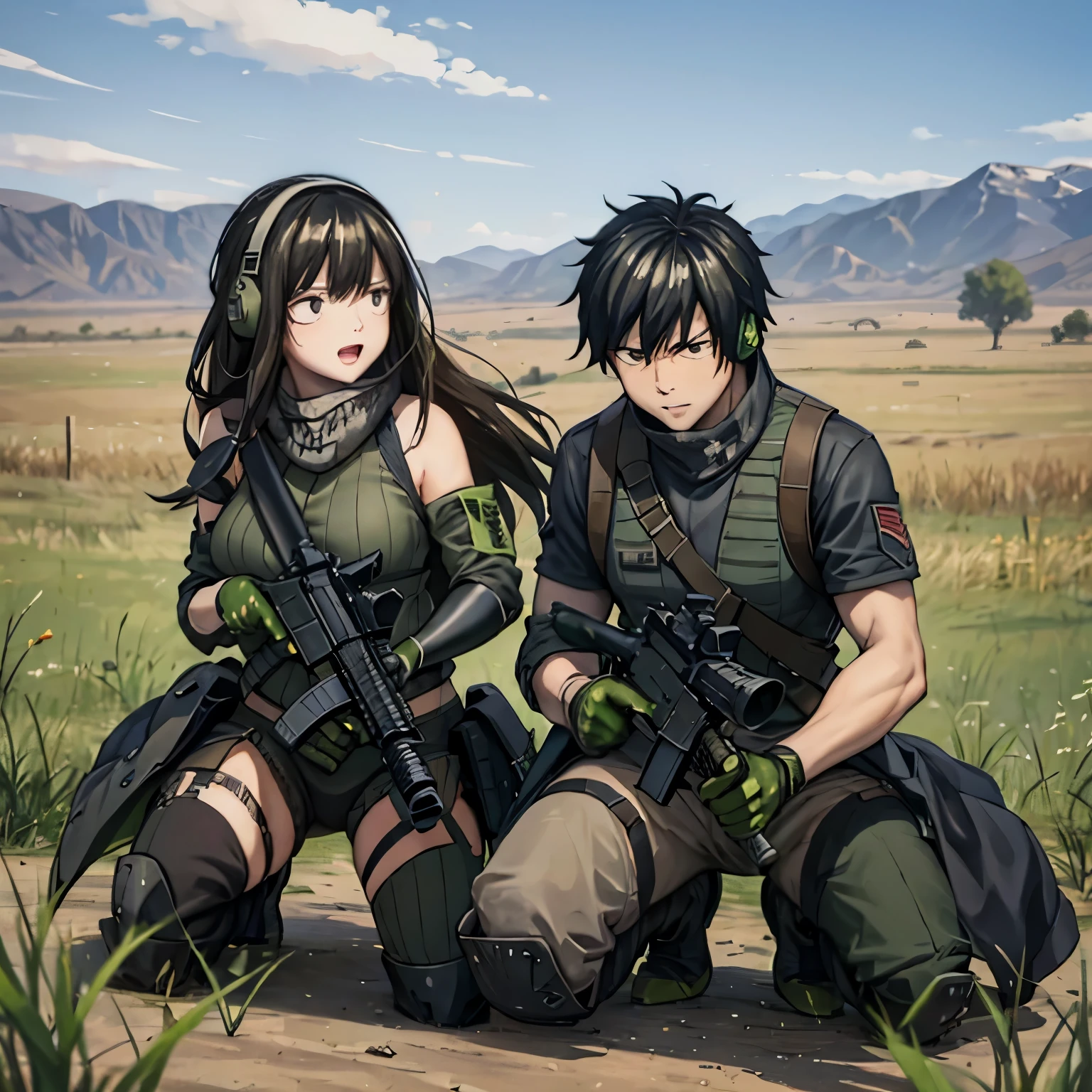 a man and a woman crouched holding an m4a1 on a war field