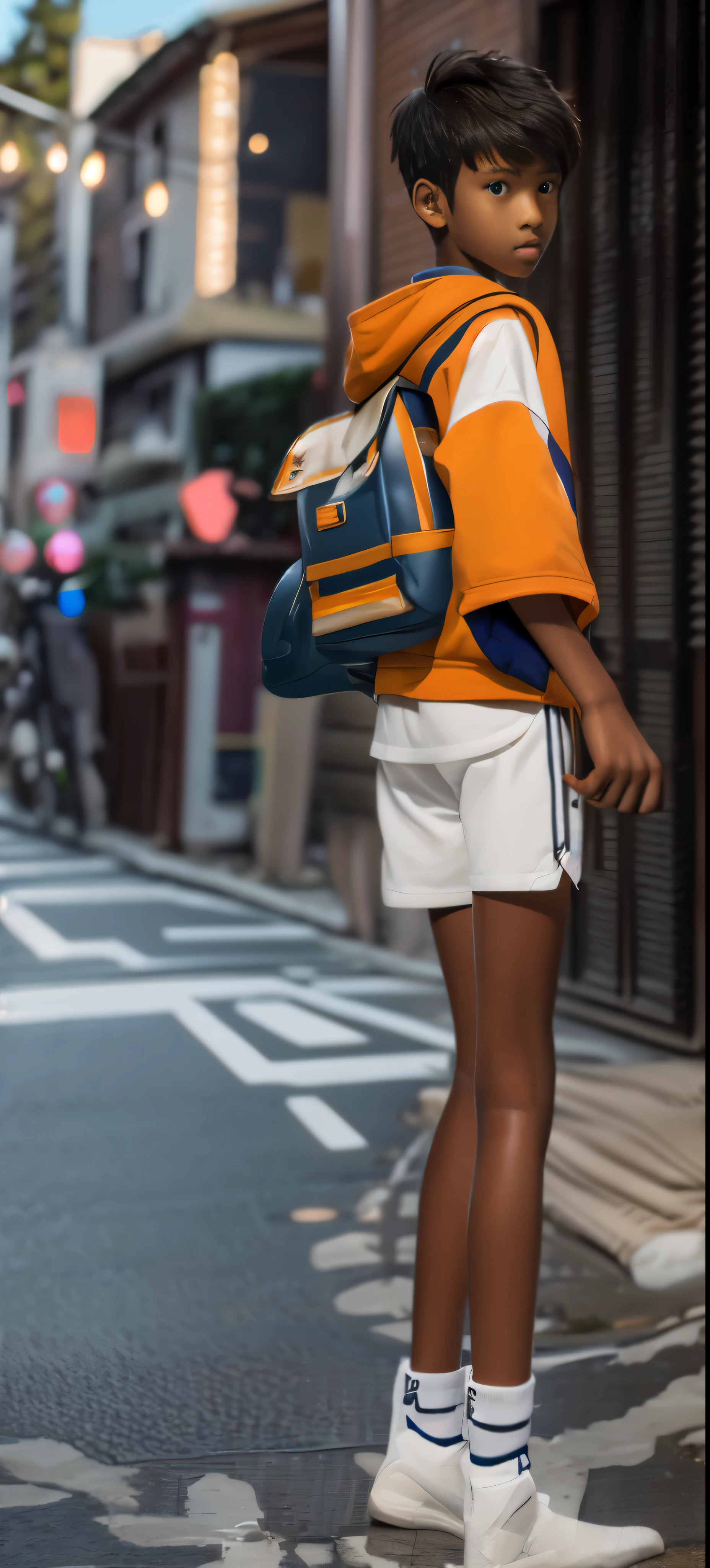 12 year old boy，Bronzed skin，Dark blue shorts，，Orange coat，largeeyes，Very short hair，tall and lanky skinny，fully body photo，A junior high school student，Toothy smile，Wear white socks，realistic person，Highest image quality，8K，Galaxy background，starrysky，galactic