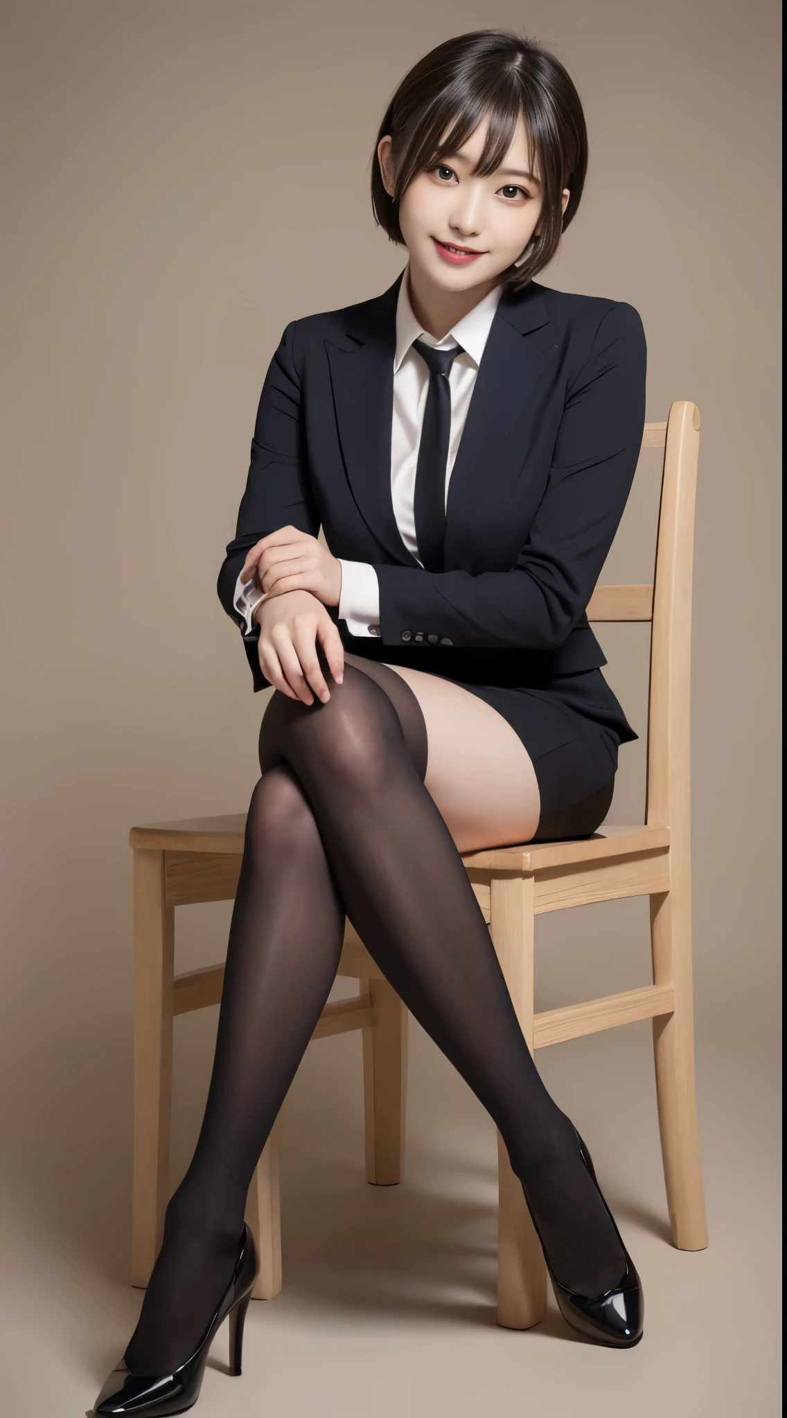 masutepiece, Best Quality, Illustration, Ultra-detailed, finely detail, hight resolution, 8K Wallpaper, Perfect dynamic composition, Beautiful detailed eyes, Business suits,Mini skirt,short cut hair,Natural Color Lip, Sit on a chair and cross your legs,Smile、25 year old girl,red eye shadow,Wearing black tights stockings,