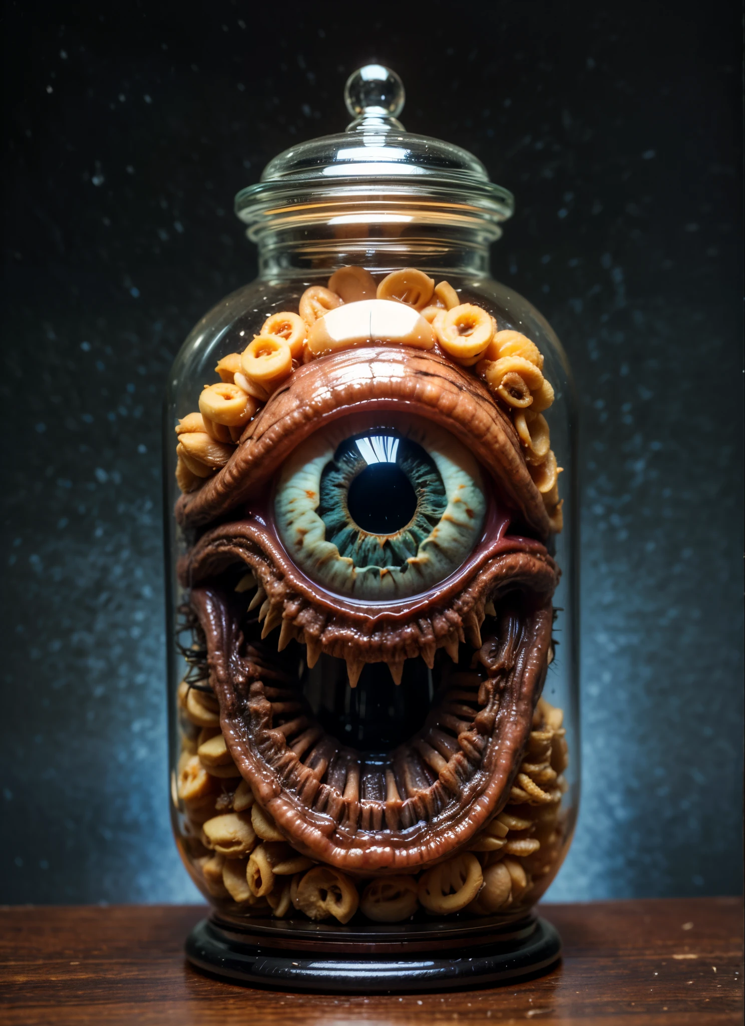 There was a jar with a monster's face inside., giant eyeball, There's candy in the jar., with high details, scary monster, I'm going to eat you., by Aleksander Gierymski, By Gabriel Jurkic, (Realistic face details), intricate detailed, very high details, photo-hyper-realistic, 10, UHD, hyperdetailed,