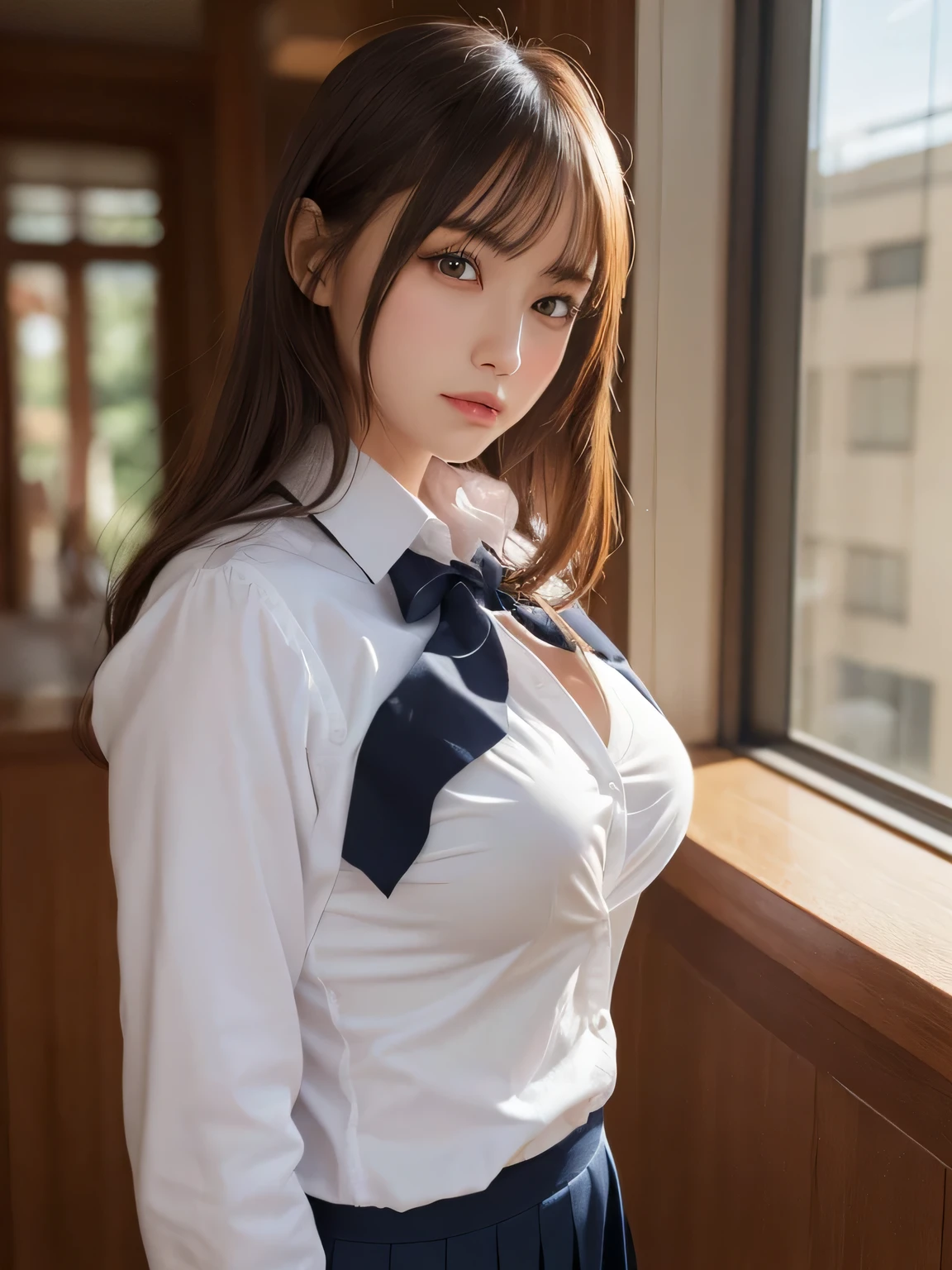 masutepiece, Best Quality, Illustration, Ultra-detailed, finely detail, hight resolution, 8K Wallpaper, Perfect dynamic composition, Beautiful detailed eyes, Natural Lip,Blazer ,School uniform, Big breasts, Full body,You can see the chest