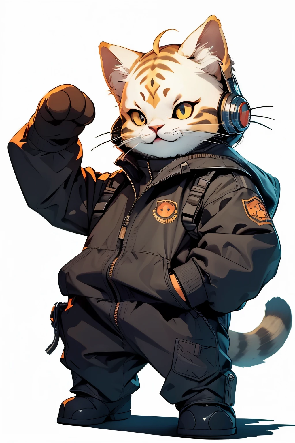 (Masterpiece:1.2, high quality),cat, absurdres, highres, ultra detailed, 1cat, cute [cat:human] wearing mecha suit, smile, white background