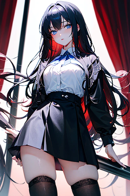 ((masterpiece)),(best quality),(detailed),(1girl),long hair, glowing eyes, white shirt, black skirt, black stockings, large breast, sexy, blue eyes, black hair