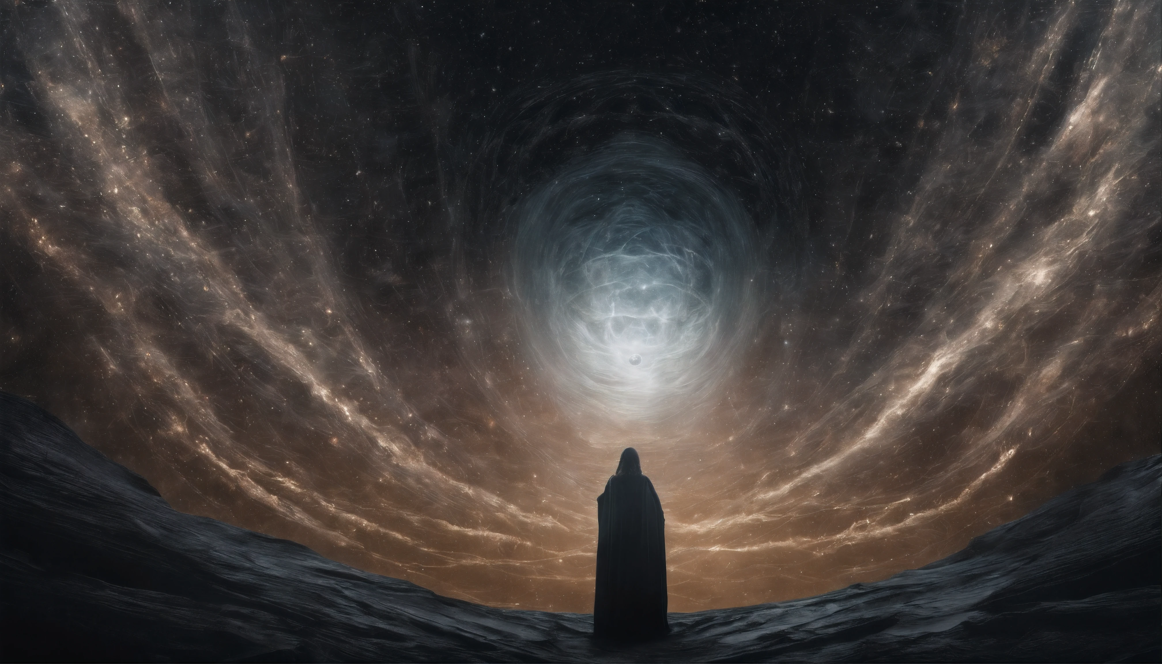 The setting is a vast, circular chamber with a domed glass ceiling that perfectly mirrors the expansive space outside. Beyond the glass, dazzling galaxies, nebulae, and stars fill an endless midnight sky.
Crystalline fractals adorn the curved walls, each facet reflecting and refracting Emma's floating form at their center in endless permutations. Every angle captures a unique glimpse of her cosmic essence from amidst the surrounding celestial majesty.
Gentle yet lively stellar winds imbued with glittering space-time dust flow through the open chamber, causing Emma's hair and gossamer dress to softly billow and ripple. The particles glimmer as they dance around her.
Peaceful cosmic soundscapes - faint resonant tones, soft sharps and swirling hums akin to planetary rings singing - provide an ambient backdrop, as if the harmonies of the spheres serenade Emma's wordless rumination.
Photon streams from infant stars and rainbow shockwaves from supernovae ripple silently through the space in colorful, slow-motion splendor. These textures and lights bloom gently around Emma in fluid, elegant symmetry.
A pair of crystalline spirals slowly orbit Emma, scintillating above and below her cosmic form. Like DNA caduceuses made of captured starfire, they seem to represent the alpha and omega to frame her animate, universal essence.