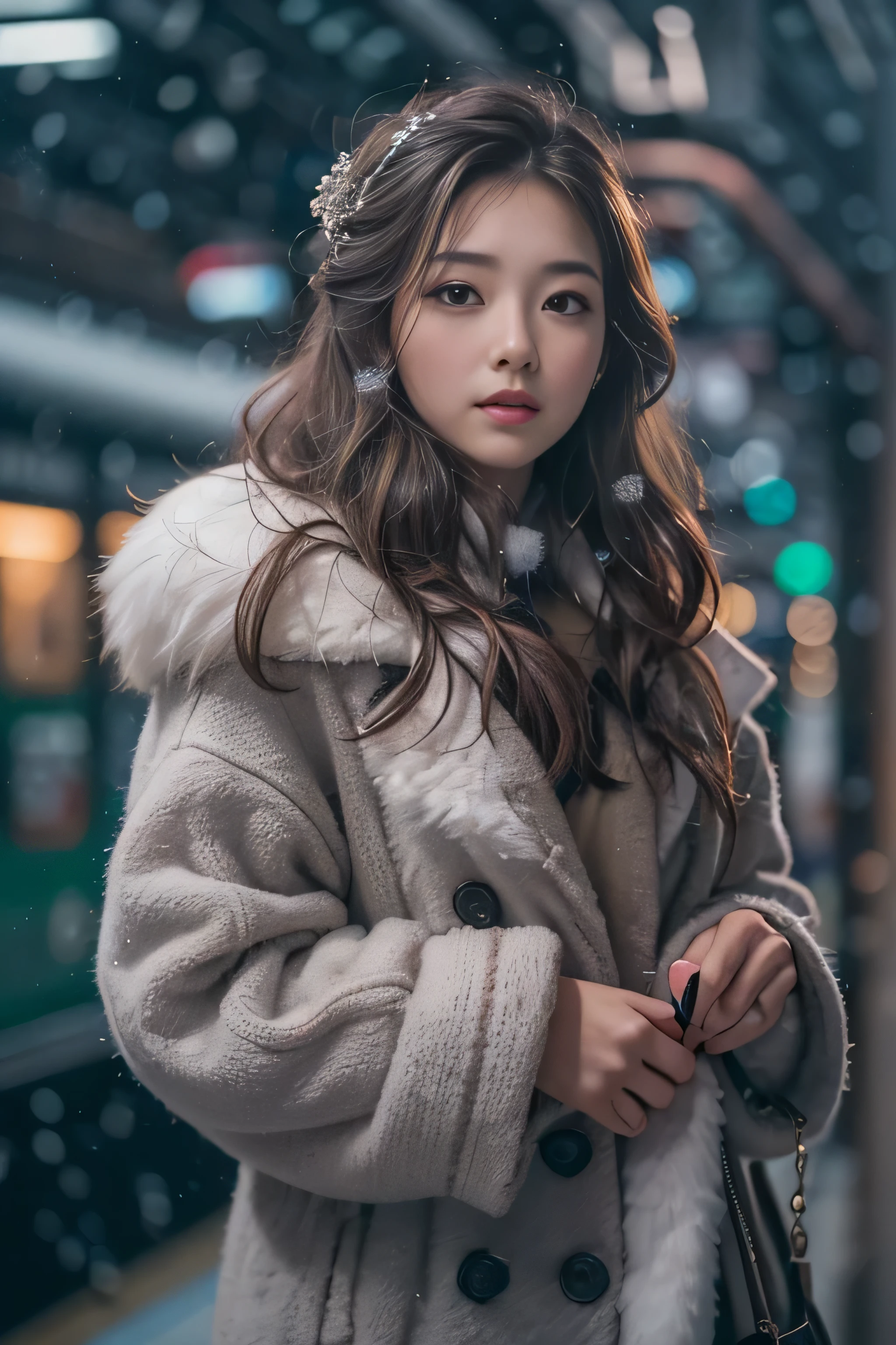 1womanl、Early 20s、(Strong-willed super beautiful woman)、(ultra beautiful faces)、(A detailed face)、Wearing makeup、Wavy brown hair、christmas snowy night、Standing on the platform of a metropolitan station、Background is a stationary train、Shallow depth of field