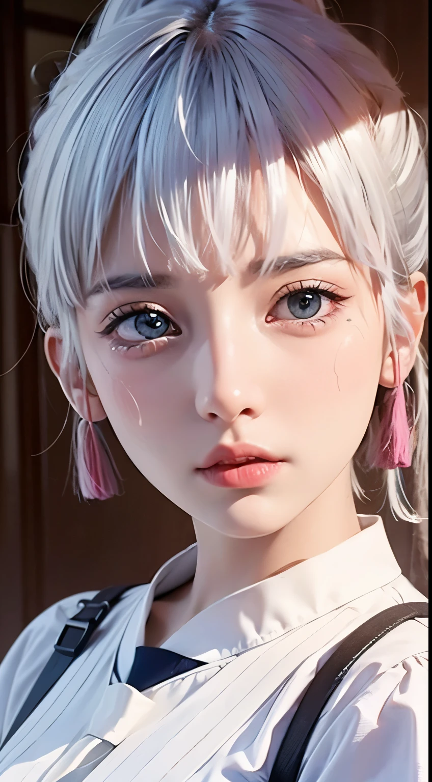 A high resolution, quality, 超quality, the ultra-detailed, lighting like a movie、small tit job、Bedrooms、embarrassed from、White hair，medium length gray hair，high ponytails，There are two strands of white hair on both sides of the ears，Wear pink hair accessories，skyblue eyes，Elaborate Eyes，sad expressions，Crying expression close-up，Eyes filled with tears，Tears flowed down her face，white transparent shorts、White sailor suit