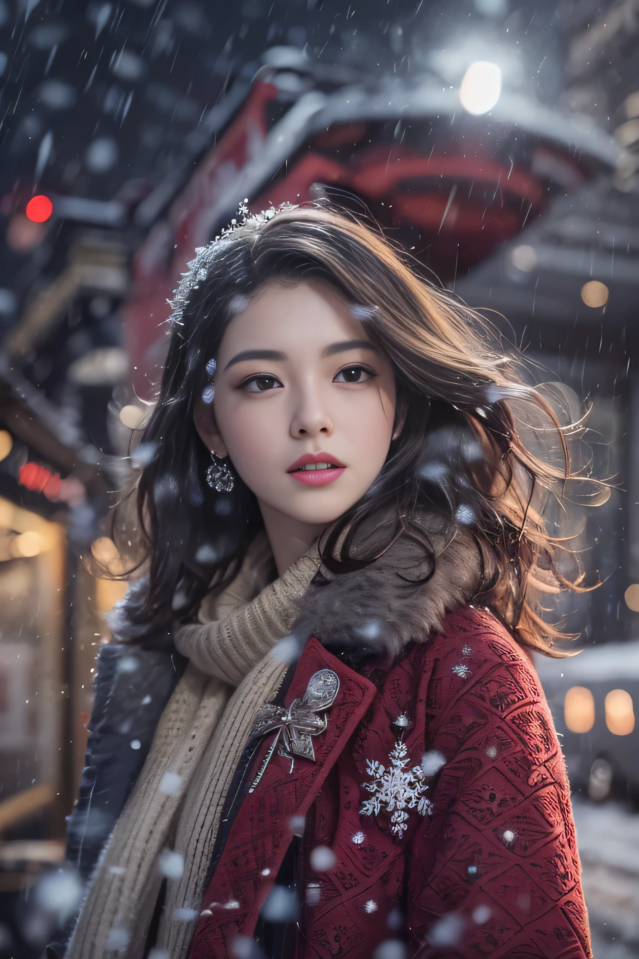 1womanl、Early 20s、(Strong-willed super beautiful woman)、(ultra beautiful faces)、(A detailed face)、Wearing makeup、Wavy brown hair、christmas snowy night、Standing on the platform of a metropolitan station、Background is a stationary train、Shallow depth of field