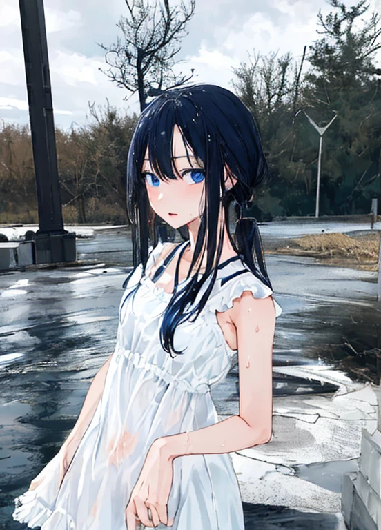 ((Masterpiece, Best Quality)), 1Girl, solo focus, shy, confused, Black hair, Blue Eyes, ((wetclothes)), looking up at viewer, upper half body, one-piece, Neglije, white legwear, realisitic, slutty, Naughty, large full breasts