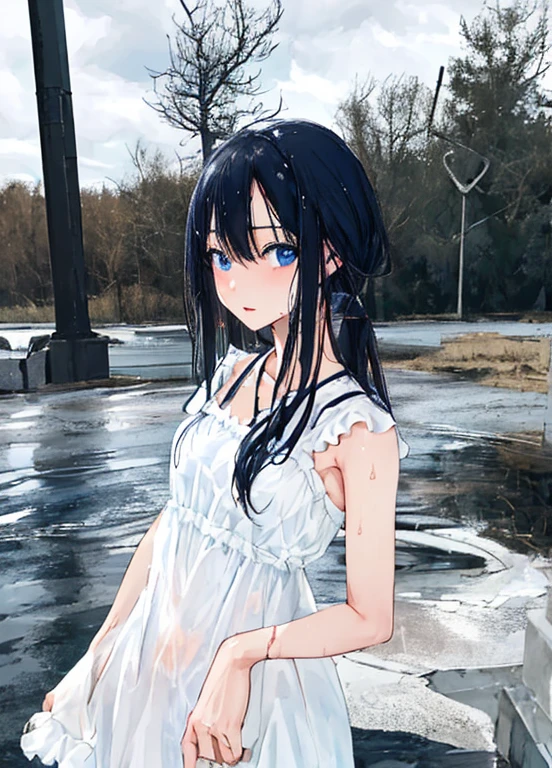 ((Masterpiece, Best Quality)), 1Girl, solo focus, shy, confused, Black hair, Blue Eyes, ((wetclothes)), looking up at viewer, upper half body, one-piece, Neglije, white legwear, realisitic, slutty, Naughty, large full breasts