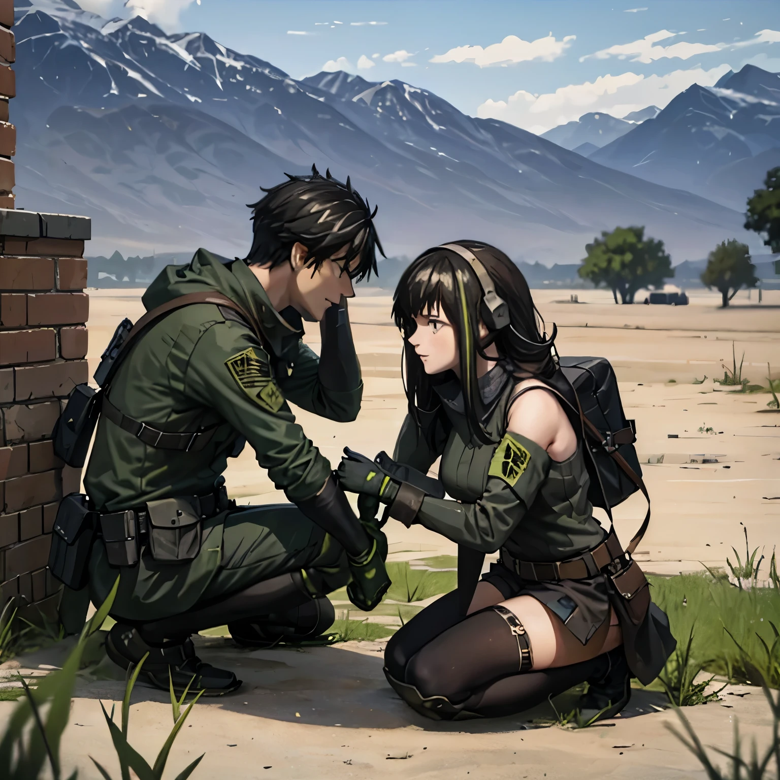 a man and a woman crouched holding an m4a1 on a war field