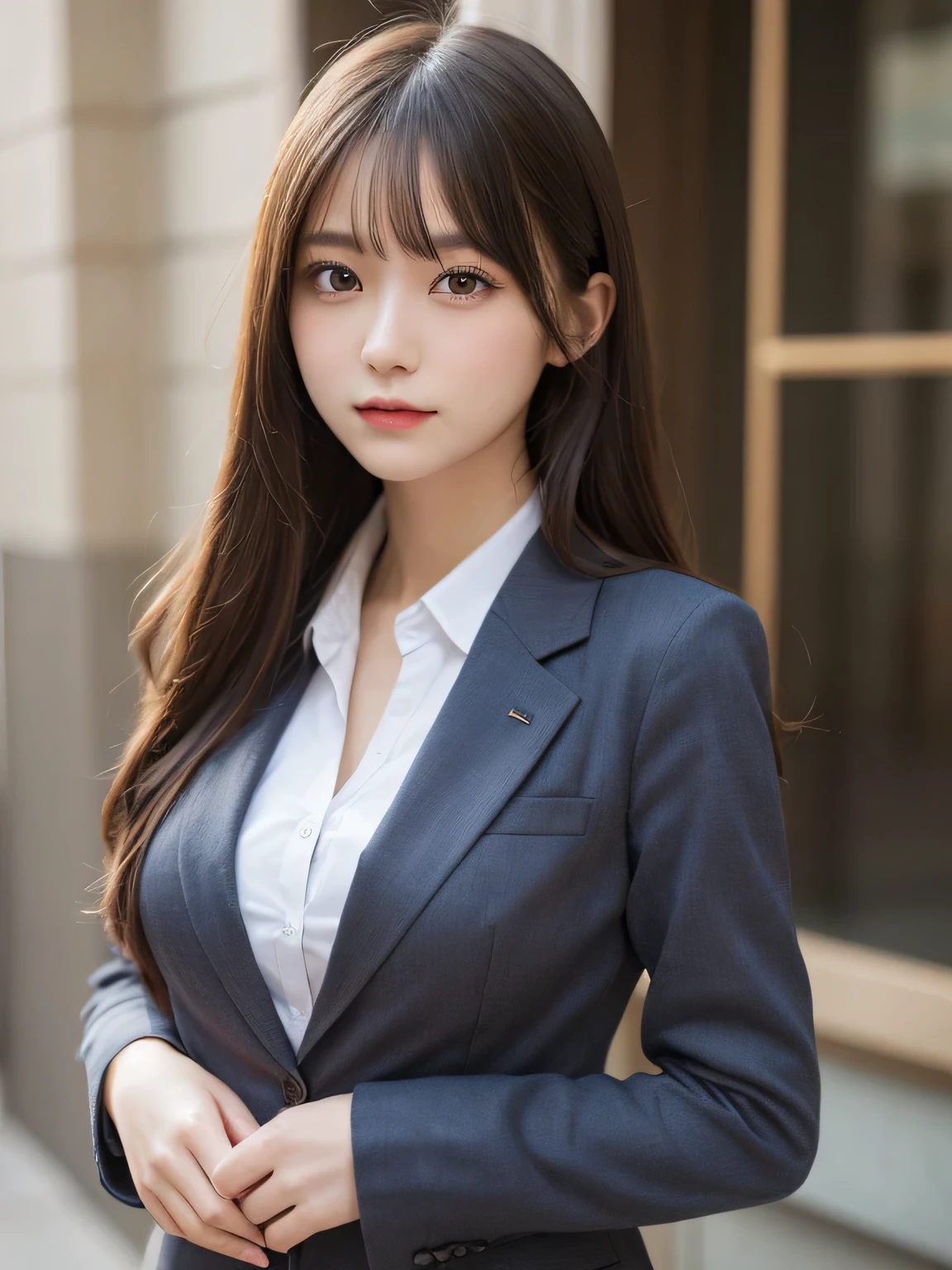 masutepiece, Best Quality, Illustration, Ultra-detailed, finely detail, hight resolution, 8K Wallpaper, Perfect dynamic composition, Beautiful detailed eyes, Natural Lip,Blazer ,School uniform, Big breasts, Full body,You can see the chest