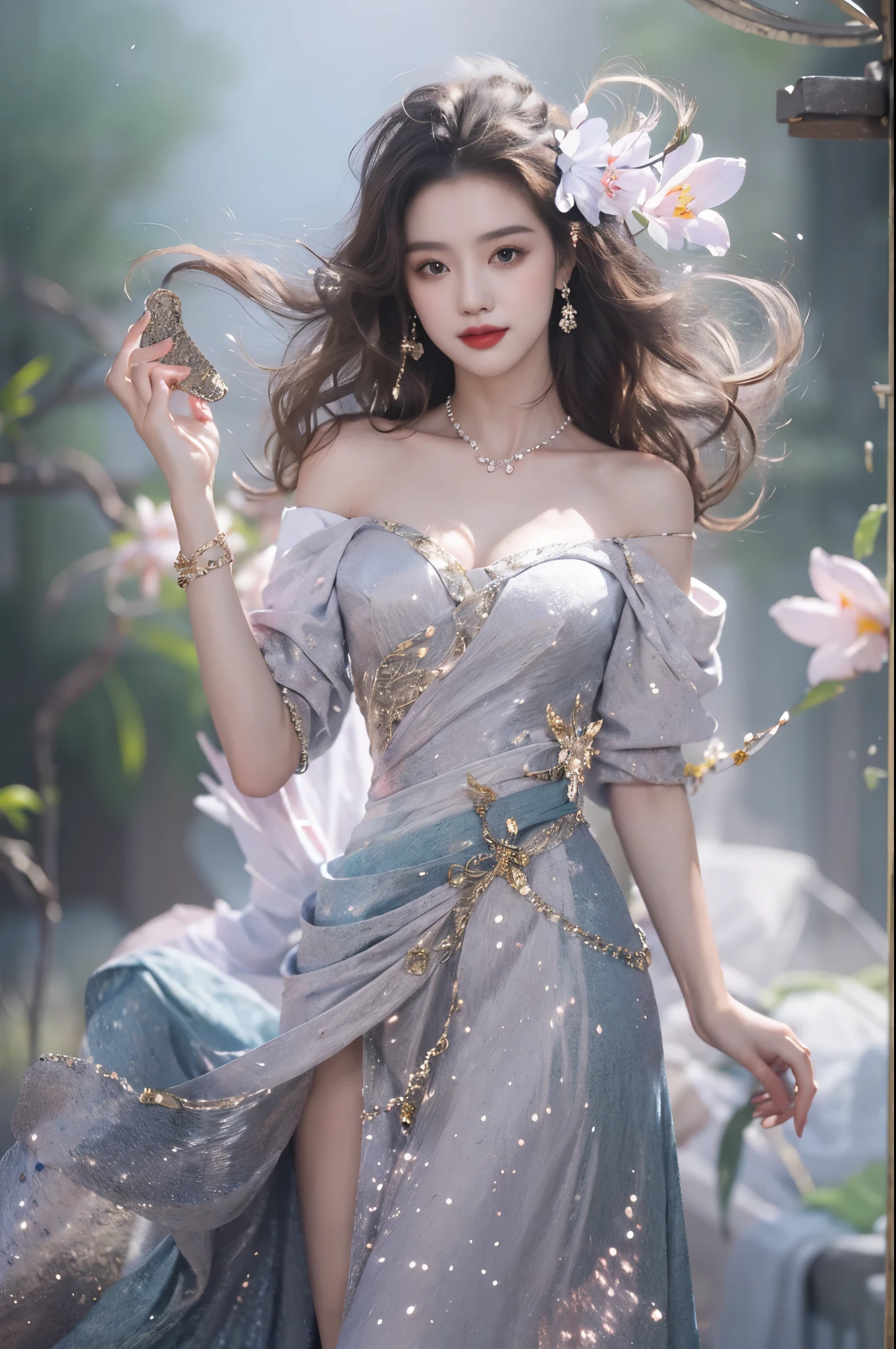 dress, ((cowboy shot)), Redlip, A mature woman, cosmetics, フォトリアリスティック、real photograph、((realistically:1.5))、There are white phalaenopsis around the hair，Lilac dendrobium、white lilies、1 rapariga、Brown hair、floated hair、A plump chest, slim toned body, Charming legs, Hefty Smile, Strike elegant poses, Have extremely beautiful facial features、Hairpin on the head、perfect hand、(natta、themoon、precipice)、 vectorial art、Chinese contemporary art、gentlesoftlighting、looking-down