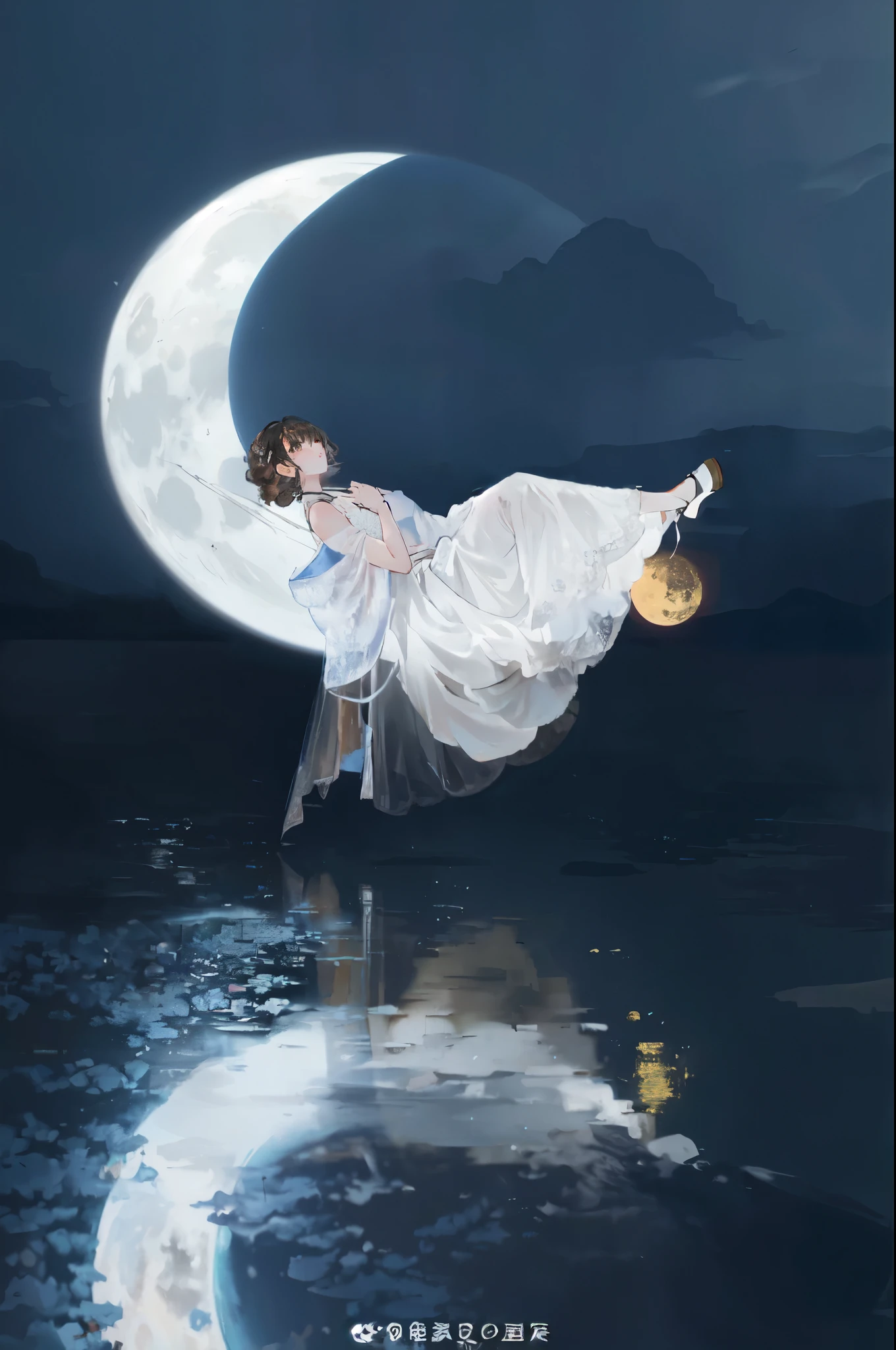 arafed woman in a white dress is flying on a crescent, brown hair, sitting on a moon, float under moon light at night, the moonlit dance of the fae, she is floating in the air, tom chambers photography, the moon behind her, promo image, in the moon, lunar goddess, goddess of the moon, editorial photograph, moon goddess, advertising photo