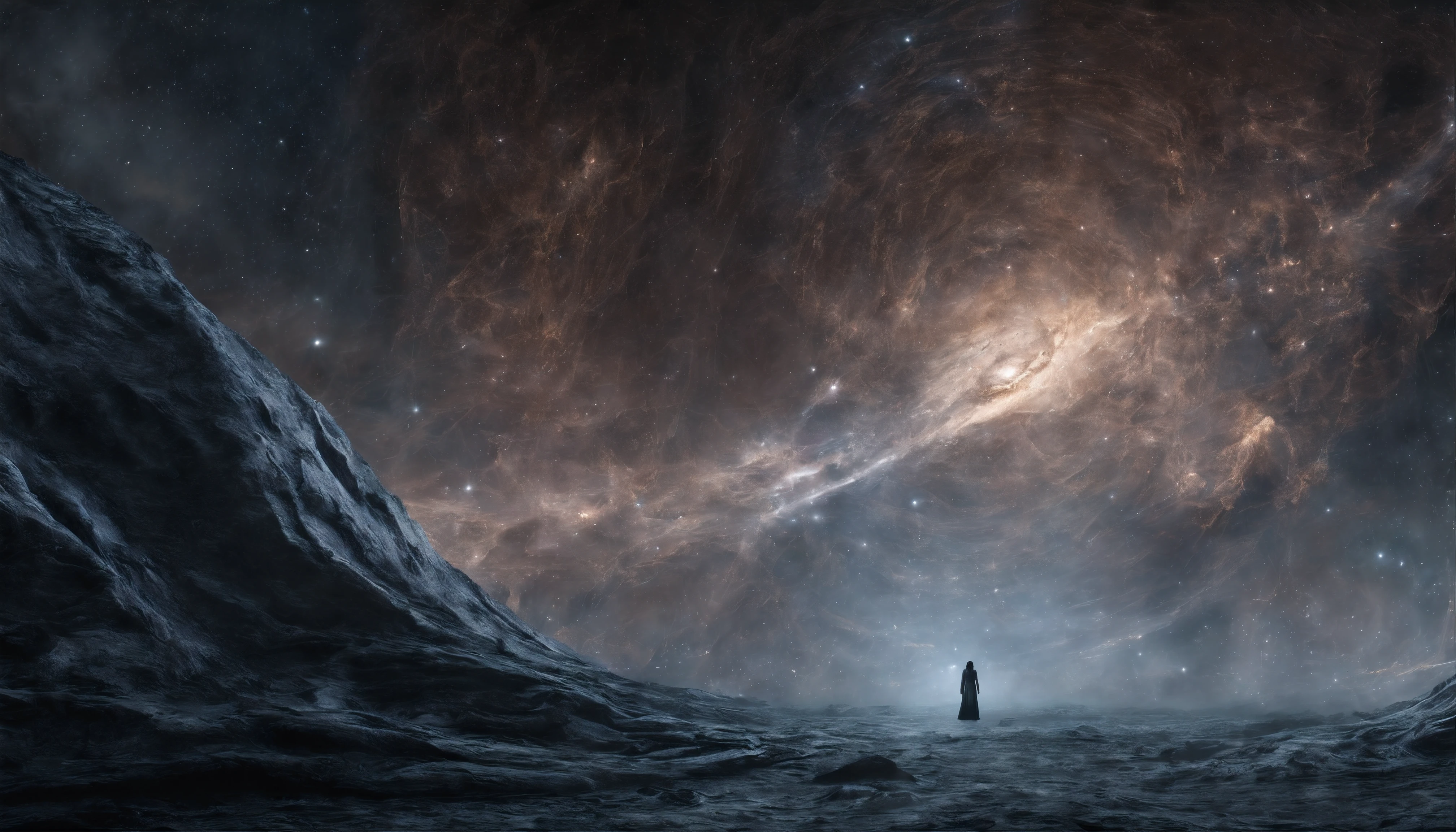 Emma Watson ; The setting is a vast, circular chamber with a domed glass ceiling that perfectly mirrors the expansive space outside. Beyond the glass, dazzling galaxies, nebulae, and stars fill an endless midnight sky.
Crystalline fractals adorn the curved walls, each facet reflecting and refracting Emma's floating form at their center in endless permutations. Every angle captures a unique glimpse of her cosmic essence from amidst the surrounding celestial majesty.
Gentle yet lively stellar winds imbued with glittering space-time dust flow through the open chamber, causing Emma's hair and gossamer dress to softly billow and ripple. The particles glimmer as they dance around her.
Peaceful cosmic soundscapeaint resonant tones, soft sharps and swirling hums akin to planetary rings singing - provide an ambient backdrop, as if the harmonies of the spheres serenade Emma's wordless rumination.
Photon streams from infant stars and rainbow shockwaves from supernovae ripple silently through the space in colorful, slow-motion splendor. These textures and lights bloom gently around Emma in fluid, elegant symmetry.
A pair of crystalline spirals slowly orbit Emma, scintillating above and below her cosmic form. Like DNA caduceuses made of captured starfire, they seem to represent the alpha and omega to frame her animate, universal essence.