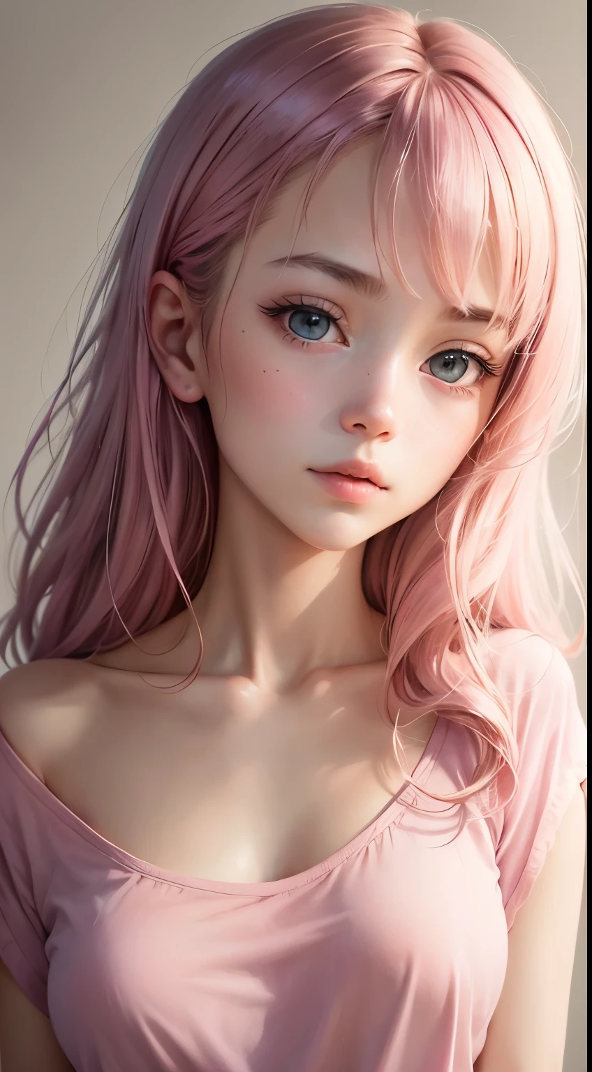 (masutepiece),(Best Quality:1.1),(Ultra-detailed),Best Illustration,finely detail,(Portrait:1.1),(watercolor paiting)floating,1girl in,Solo,13 years old,slim,(extremely delicate and beautiful face),(Detailed beautiful eyes),pink thick lips,(disheveled hair),(Wearing a pink baggy T-shirt),Soft and lazy,(Simple background:1.2)Whole color background,Clear,4K,barechested