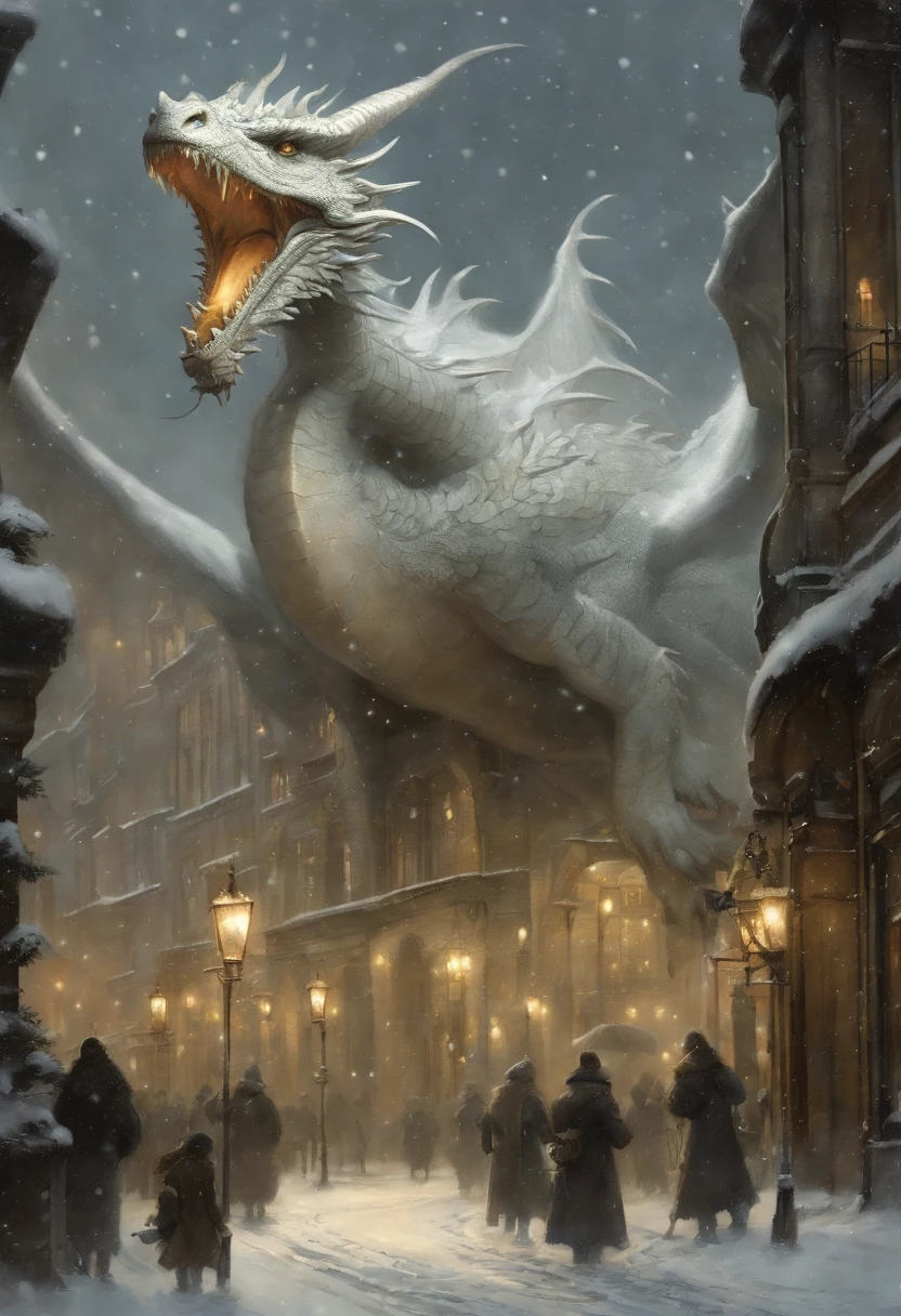 真实感, dark fantasy style, John Tolkien style, Small painting by Jean-Baptiste Monge, winter, Snow is falling, a huge decorated Christmas tree in the city center, a huge white dragon in the center lights up a star on the Christmas tree, area, Christmas tree, large white dragon with a golden crest - boy, anatomically correctly drawn body, Looks like an ancient dragon, The city, megalopolis, city trail, Big Christmas tree, glass skyscraper, Jean-Baptiste Monge, anthropomorphic --ar 2:3 --testp -optimistic;