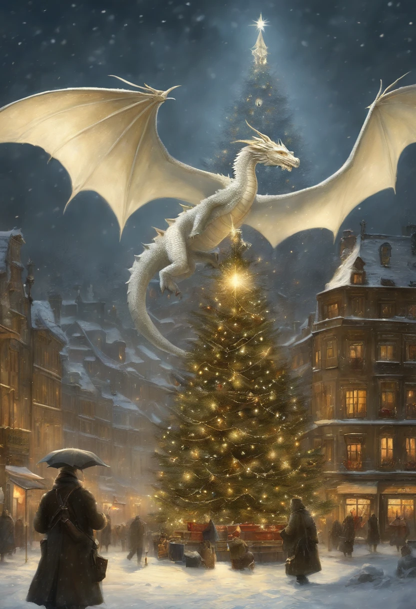 真实感, dark fantasy style, John Tolkien style, Small painting by Jean-Baptiste Monge, winter, Snow is falling, a huge decorated Christmas tree in the city center, a huge white dragon in the center lights up a star on the Christmas tree,  area, Christmas tree, large white dragon with a golden crest - boy, anatomically correctly drawn body, Looks like an ancient dragon, The city, megalopolis, city trail, Big Christmas tree, glass skyscraper, Jean-Baptiste Monge, anthropomorphic --ar 2:3 --testp -optimistic;