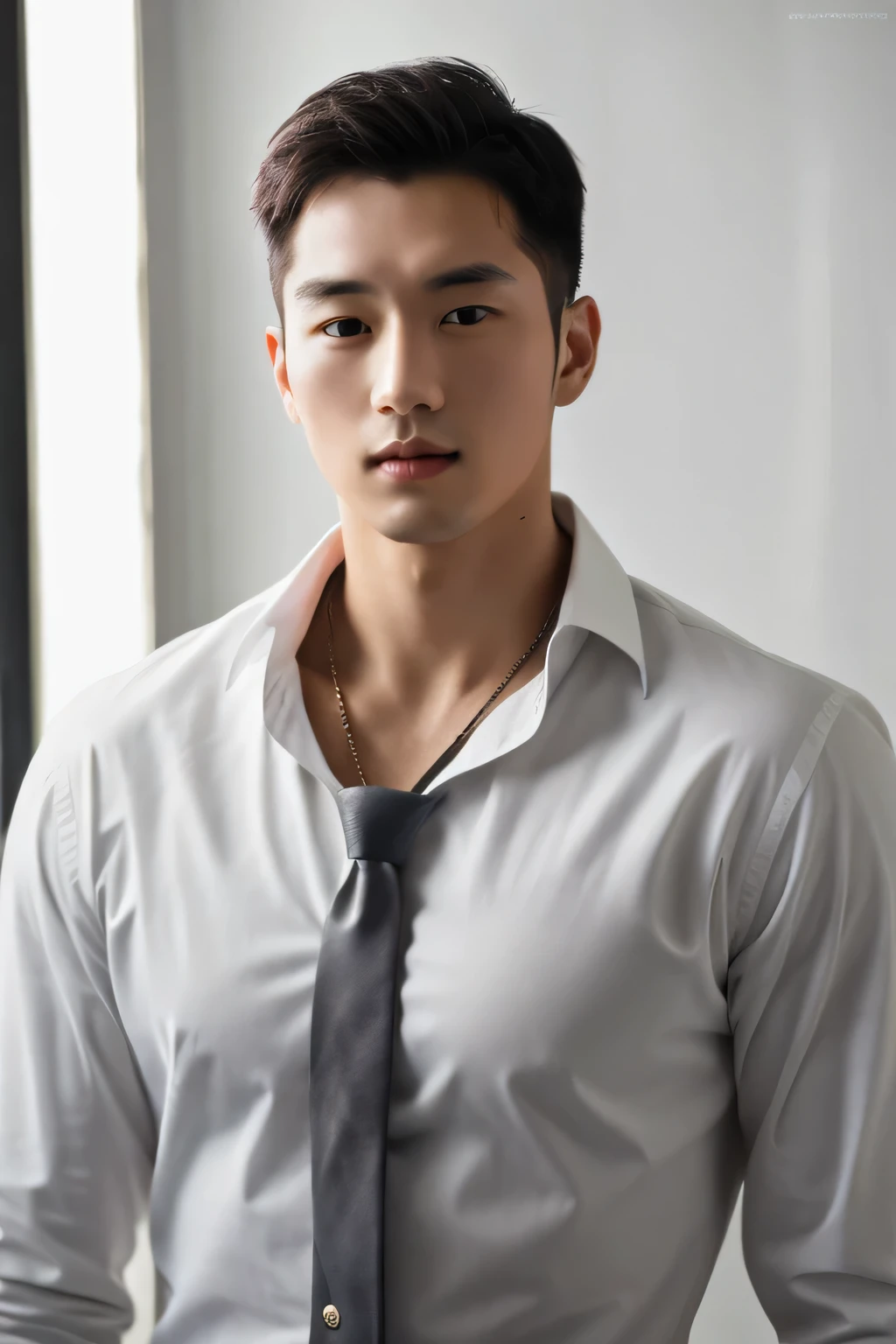 Korean man, a 25-year-old muscular man, wears a long-sleeved white shirt and tie, bodice, soft lighting, masterpiece, best quality, 8k ultra HD, DSLR camera, film grain, Midjourney and greg rutkowski's Fujifilm XT3 realistic painting art, light grey background