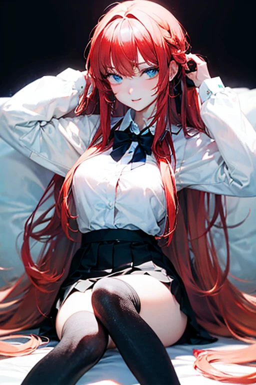 ((masterpiece)),(best quality),(detailed),(1girl),long hair, glowing eyes, white shirt, black skirt, black stockings, large breast, sexy, blue eyes, black hair