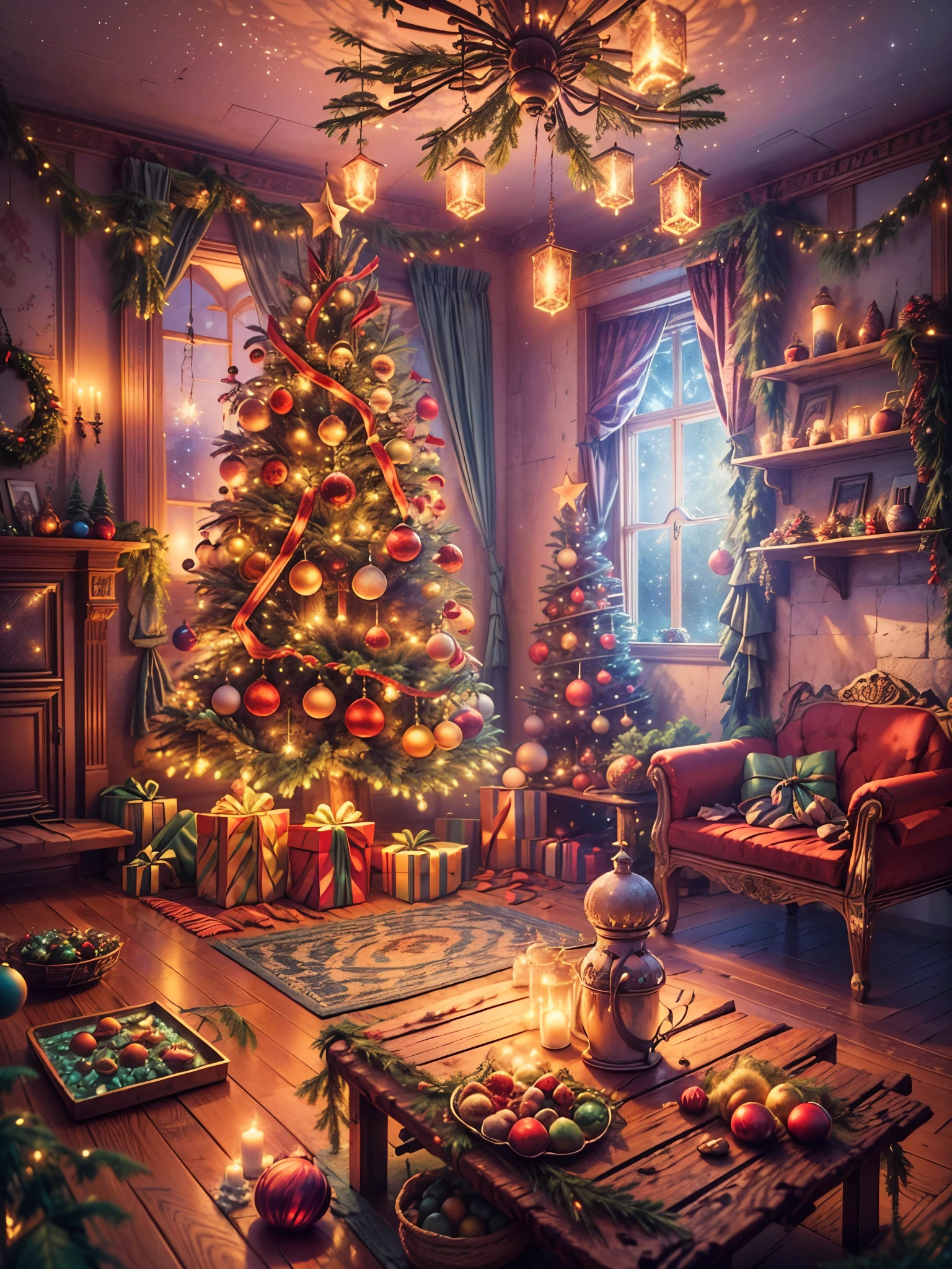 (tmasterpiece:1.2), (Faraway view:1.8), Vibrant colors, Magical atmosphere, Whimsical, ((sky full of stars,The North Star shines)),(Use an illustration style), (European style interior house、Christmas decorations、The fireplace is warm、Lanterns hanging on the stairs、Gifts wrapped in colorful under the Christmas tree、pile of gifts on the floor、wooden floor、Decorated pine tree、镶wooden floor、mantel、red and green、Christmas atmosphere、traditional christmaestive atmosphere、chaleureux、joyeux Noel、gift tag、Christmas wreath、decorations、metal ribbon、Christmas tree lights、Confectionery,Gingerbread Man,lamplight)、(房间布置得有浓浓的Christmas atmosphere. A string of shining colored lights hangs on the wall, 窗台上放着Christmas wreath和小雪人, In the corner of the room stands a beautifully decorated Christmas tree). (On a table, There are beautiful cutlery and red plates. In the center of the table, Have a sumptuous Christmas feast, Next to it is a bottle of red wine and two exquisite wine glasses, Brings warmth and comfort to the entire room). (first person perspective, hyper HD, tmasterpiece, acurate, Anatomically correct, ctextured skin, super detailing, high detal, high qulity, Award-Awarded, Best quality at best, 8K), hyper realisitc的, Psychedelic, Complicated details, Beautiful texture, Ethereal, like a dream, Soft glowing light, Charming Patterns, Fantasy creatures, Hidden surprises, dreamlike landscapes, hyper realisitc的 color palette, Mystic aura, hyper realisitc, Enchanting journey, psychedelic trip, vivid imagination, immersive experience, mysterious creature, otherworldly charm, glowing paths, Light up a magical Christmas, hyper realisitc的天空, Whimsical theme park, a magical encounter,Fascinating artwork,(Ultra-high saturation,Bright and bright: 1.8)