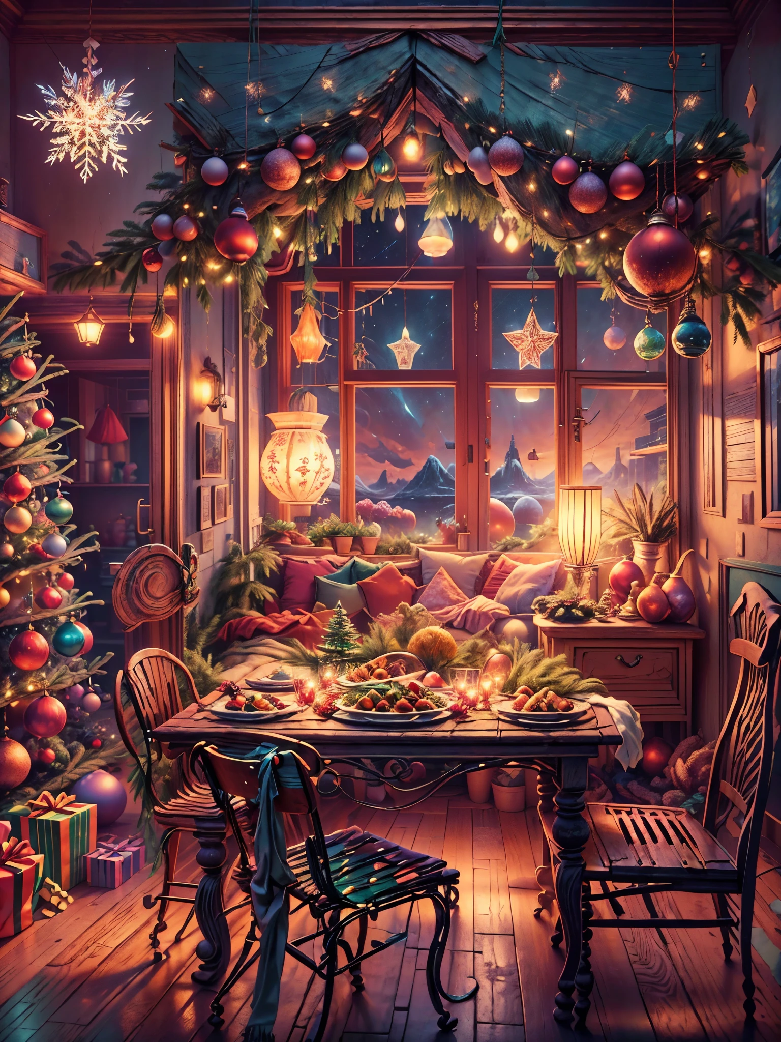 (tmasterpiece:1.2), (Faraway view:1.8), Vibrant colors, Magical atmosphere, Whimsical, ((sky full of stars,The North Star shines)),(Use an illustration style), (European style interior house、Christmas decorations、The fireplace is warm、Lanterns hanging on the stairs、Gifts wrapped in colorful under the Christmas tree、pile of gifts on the floor、wooden floor、Decorated pine tree、镶wooden floor、mantel、red and green、Christmas atmosphere、traditional christmaestive atmosphere、chaleureux、joyeux Noel、gift tag、Christmas wreath、decorations、metal ribbon、Christmas tree lights、Confectionery,Gingerbread Man,lamplight)、(房间布置得有浓浓的Christmas atmosphere. A string of shining colored lights hangs on the wall, 窗台上放着Christmas wreath和小雪人, In the corner of the room stands a beautifully decorated Christmas tree). (On a table, There are beautiful cutlery and red plates. In the center of the table, Have a sumptuous Christmas feast, Next to it is a bottle of red wine and two exquisite wine glasses, Brings warmth and comfort to the entire room). (first person perspective, hyper HD, tmasterpiece, acurate, Anatomically correct, ctextured skin, super detailing, high detal, high qulity, Award-Awarded, Best quality at best, 8K), hyper realisitc的, Psychedelic, Complicated details, Beautiful texture, Ethereal, like a dream, Soft glowing light, Charming Patterns, Fantasy creatures, Hidden surprises, dreamlike landscapes, hyper realisitc的 color palette, Mystic aura, hyper realisitc, Enchanting journey, psychedelic trip, vivid imagination, immersive experience, mysterious creature, otherworldly charm, glowing paths, Light up a magical Christmas, hyper realisitc的天空, Whimsical theme park, a magical encounter,Fascinating artwork,(Ultra-high saturation,Bright and bright: 1.8), glasstech