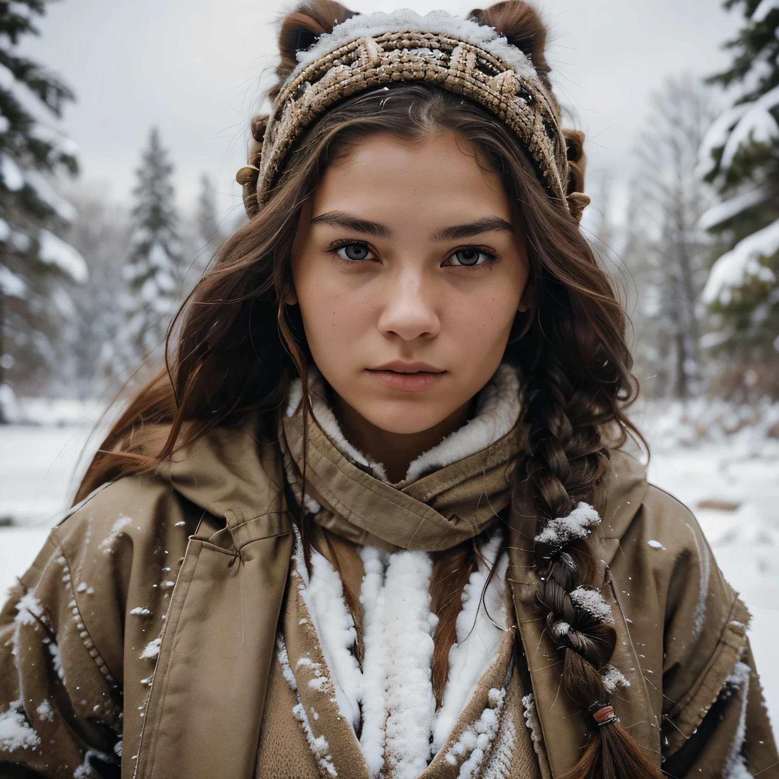 Generate a captivating image featuring a resilient 16-year-old girl thriving in the ice age, exuding strength and survival instincts. Eliminate any reference to modern clothing and depict her wearing an outfit crafted from the hide of a majestic animal. Highlight her primal connection to nature by having her wear the animal's head as a cap. Emphasize her robust physique and unyielding spirit through weathered fur clothing that accentuates the raw, primal essence of her attire. Craft a rugged face with pronounced cheekbones, a weathered complexion, and piercing, intense eyes that reflect her determination to conquer the challenges of the ice age wilderness. Capture her wild, untamed hair, intertwining natural elements like braids adorned with twigs or bones. Place her in a frigid, snow-covered environment with dynamic lighting, showcasing her readiness to confront and triumph over the harsh conditions of the ice age.