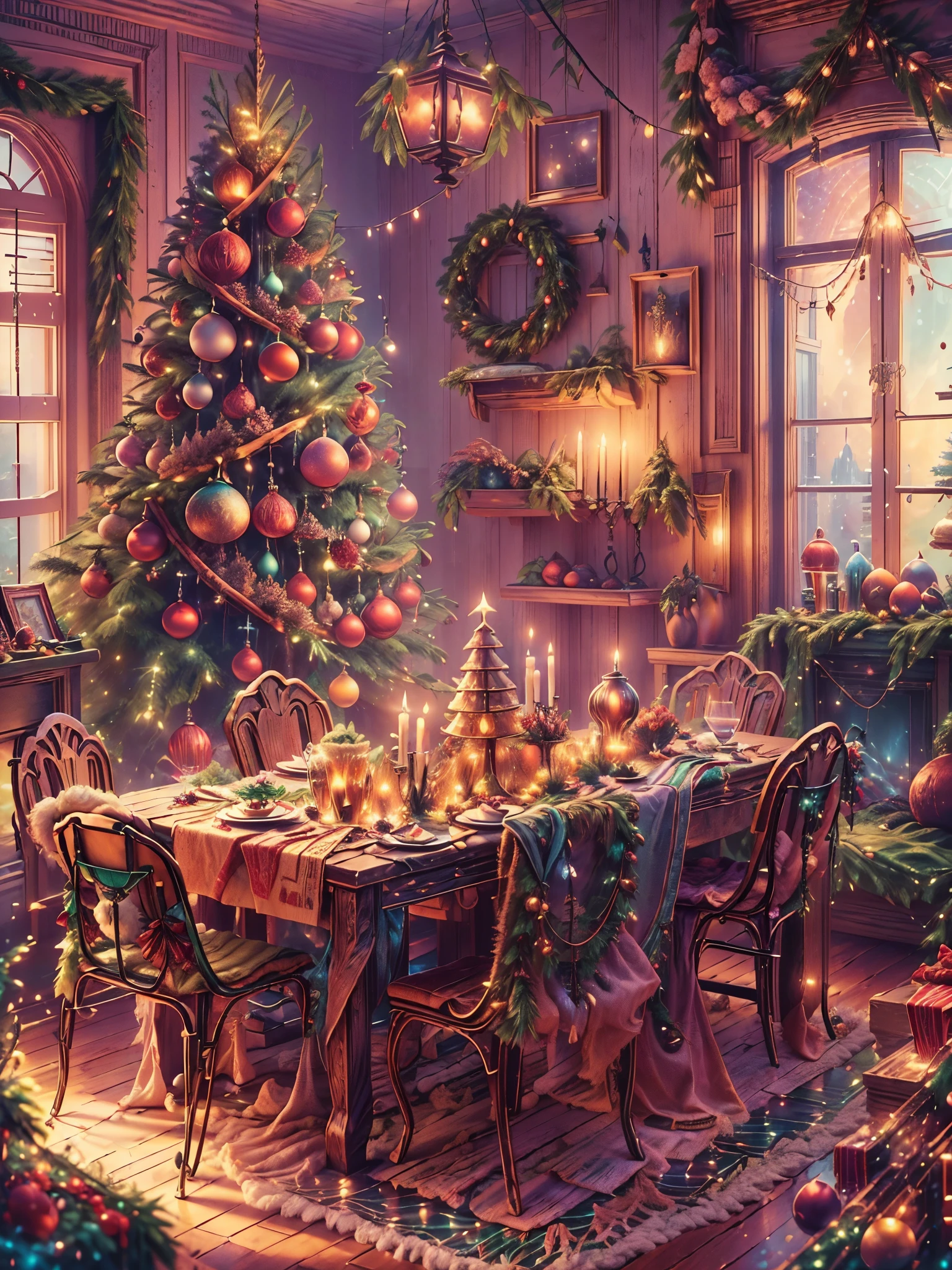 (tmasterpiece:1.2), (Faraway view:1.8), Vibrant colors, Magical atmosphere, Whimsical, ((sky full of stars,The North Star shines)),(Use an illustration style), (European style interior house、Christmas decorations、The fireplace is warm、Lanterns hanging on the stairs、Gifts wrapped in colorful under the Christmas tree、pile of gifts on the floor、wooden floor、Decorated pine tree、镶wooden floor、mantel、red and green、Christmas atmosphere、traditional christmaestive atmosphere、chaleureux、joyeux Noel、gift tag、Christmas wreath、decorations、metal ribbon、Christmas tree lights、Confectionery,Gingerbread Man,lamplight)、(房间布置得有浓浓的Christmas atmosphere. A string of shining colored lights hangs on the wall, 窗台上放着Christmas wreath和小雪人, In the corner of the room stands a beautifully decorated Christmas tree). (On a table, There are beautiful cutlery and red plates. In the center of the table, Have a sumptuous Christmas feast, Next to it is a bottle of red wine and two exquisite wine glasses, Brings warmth and comfort to the entire room). (first person perspective, hyper HD, tmasterpiece, acurate, Anatomically correct, ctextured skin, super detailing, high detal, high qulity, Award-Awarded, Best quality at best, 8K), hyper realisitc的, Psychedelic, Complicated details, Beautiful texture, Ethereal, like a dream, Soft glowing light, Charming Patterns, Fantasy creatures, Hidden surprises, dreamlike landscapes, hyper realisitc的 color palette, Mystic aura, hyper realisitc, Enchanting journey, psychedelic trip, vivid imagination, immersive experience, mysterious creature, otherworldly charm, glowing paths, Light up a magical Christmas, hyper realisitc的天空, Whimsical theme park, a magical encounter,Fascinating artwork,(Ultra-high saturation,Bright and bright: 1.8), glasstech