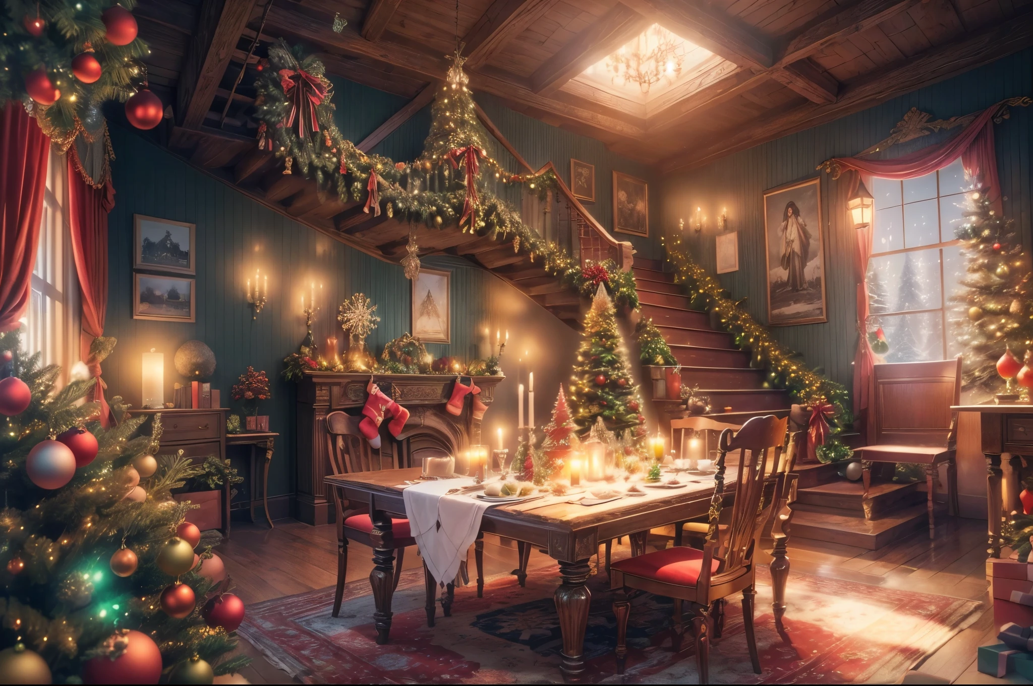 (tmasterpiece:1.2), (Faraway view:1.8), Vibrant colors, Magical atmosphere, Whimsical, ((sky full of stars,The North Star shines)),(European style interior house、Christmas decorations、The fireplace is warm、Lanterns hanging on the stairs、Gifts wrapped in colorful under the Christmas tree、pile of gifts on the floor、wooden floor、Decorated pine tree、镶wooden floor、mantel、red and green、Christmas atmosphere、traditional christmaestive atmosphere、、merry christmas、gift tag、Christmas wreath、decorations、metal ribbon、Christmas tree lights、Confectionery,Gingerbread Man,lamplight)、(房间布置得有浓浓的Christmas atmosphere. A string of shining colored lights hangs on the wall, 窗台上放着Christmas wreath和小雪人, In the corner of the room stands a beautifully decorated Christmas tree). (On a table, There are beautiful cutlery and red plates. In the center of the table, Have a sumptuous Christmas feast, Next to it is a bottle of red wine and two exquisite wine glasses, Brings warmth and comfort to the entire room). (first person perspective, hyper HD, tmasterpiece, acurate, Anatomically correct, ctextured skin, super detailing, high detal, high qulity, Award-Awarded, Best quality at best, 8K), hyper realisitc的, Psychedelic, Complicated details, Beautiful texture, Ethereal, like a dream, Soft glowing light, Charming Patterns, Fantasy creatures, Hidden surprises, dreamlike landscapes, hyper realisitc的 color palette, Mystic aura, hyper realisitc, Enchanting journey, psychedelic trip, vivid imagination, immersive experience, mysterious creature, otherworldly charm, glowing paths, Light up a magical Christmas, hyper realisitc的天空, Whimsical圣诞节主题房间, a magical encounter,Fascinating artwork,(Ultra-high saturation,Bright and bright: 1.8).