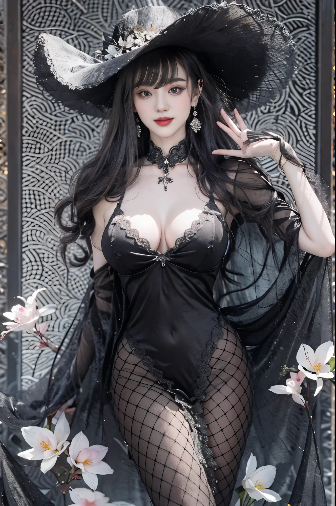 black dress, black gloves, pantyhose,, ((cowboy shot)), Redlip, A mature woman, cosmetics, フォトリアリスティック、real photograph、((realistically:1.5))、There are white phalaenopsis around the hair，Lilac dendrobium、white lilies、1 rapariga、Brown hair、floated hair、A plump chest, slim toned body, Charming legs, Hefty Smile, Strike elegant poses, Have extremely beautiful facial features、Hairpin on the head、perfect hand、(natta、themoon、precipice)、 vectorial art、Chinese contemporary art、gentlesoftlighting、looking-down