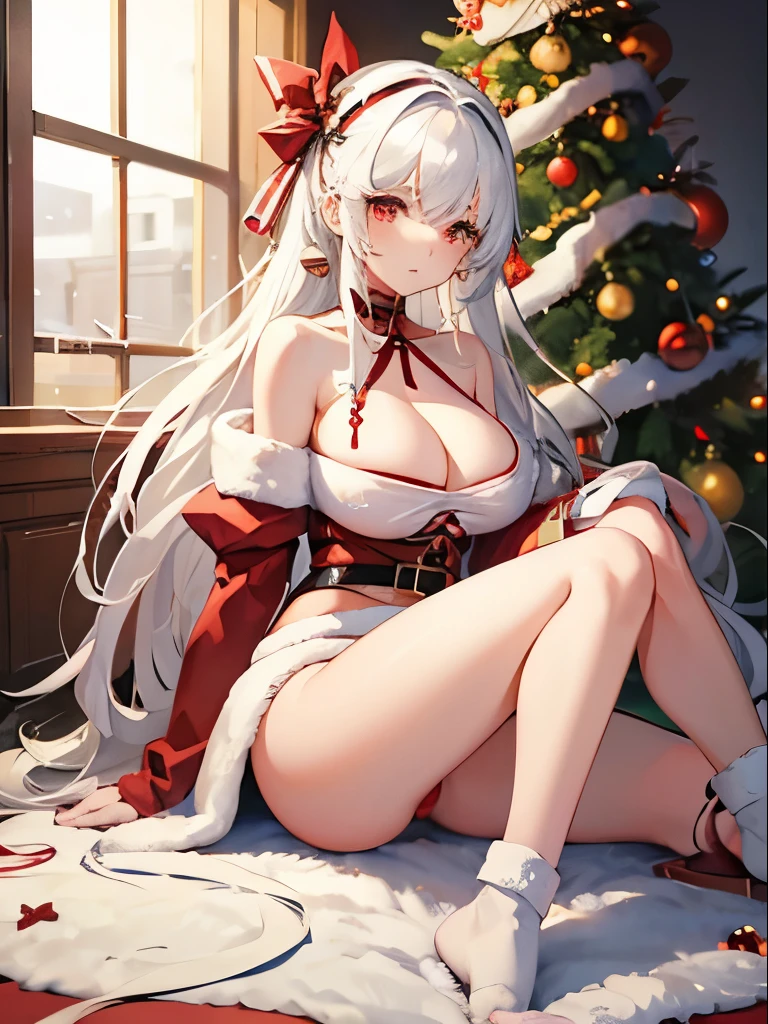 Female, White Hair, Big Boobs, Long Hair, Red Eyes, Wearing Christmas Costume, Collarbone, No Pants or Skirt, Christmas Shoe, Sitting on the floor, Inside a building, Christmas Tree in the background,