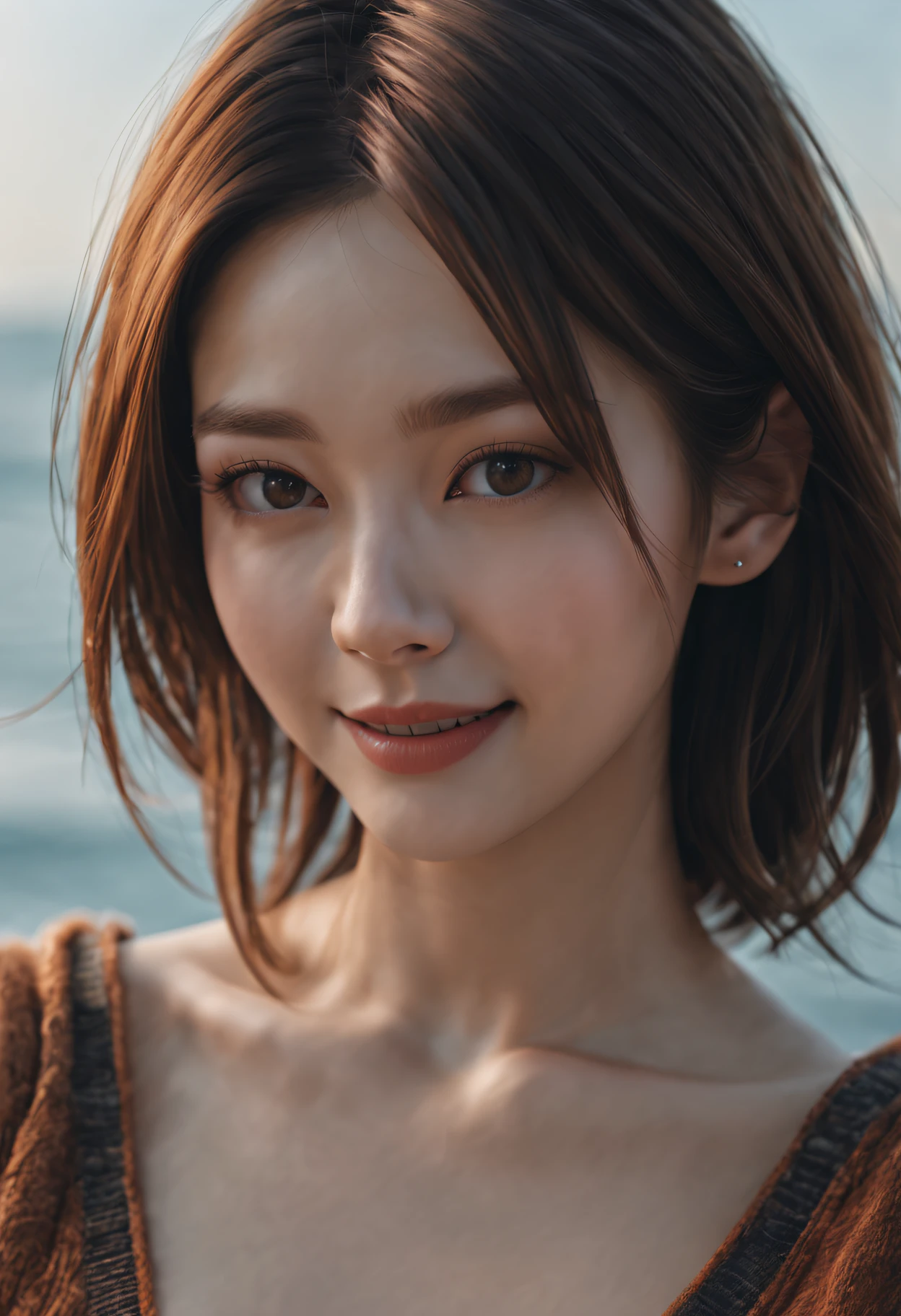 Best quality, 超k hd, (realistically:1.4),Sunset sun, 1 busty girl, (Realistic face), freckle ,(black hair color hair, Short hair details: 1.Tail, realistically的眼睛, (realistically的皮肤), (Sweaters), detailed photograph, Smiling, sexy for, filmgrain, low-contrast, facing at the camera, Close-up cleavage (tmasterpiece: 1.3), (8K, realistically, Best quality: 1.4), Huang Li, Attractive, 超高分辨率, hyper realisitc, k hd, the golden ratio