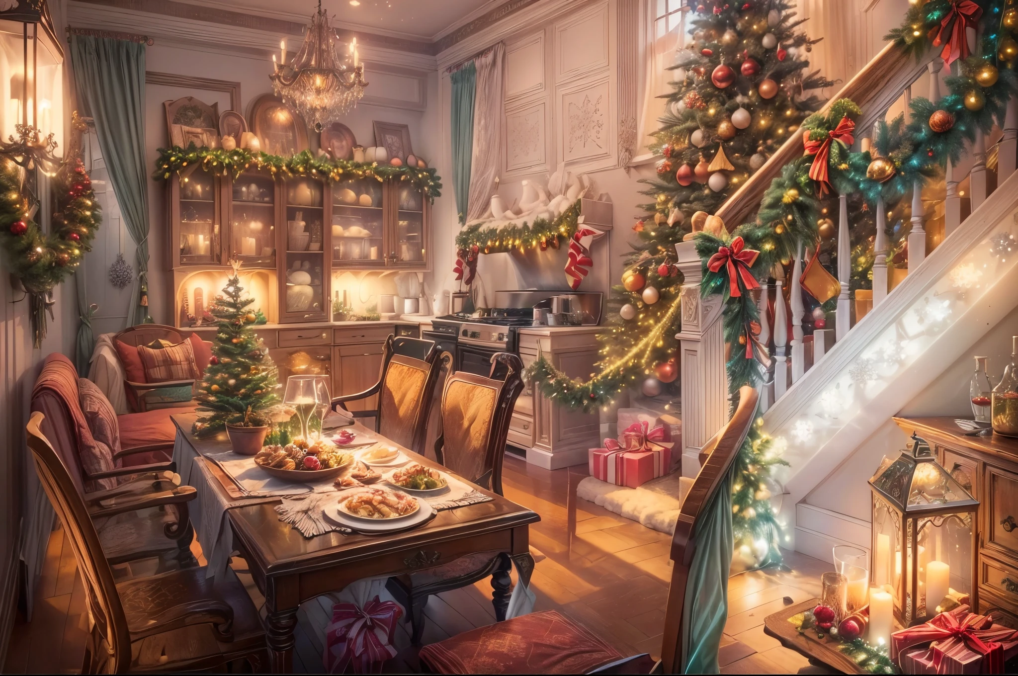 (tmasterpiece:1.2), (Faraway view:1.8), Vibrant colors, Magical atmosphere, Whimsical, ((sky full of stars，The North Star shines))，(European style interior house、Christmas decorations、The fireplace is warm、Lanterns hanging on the stairs、Gifts wrapped in colorful  under the Christmas tree、pile of gifts on the floor、wooden floor、Decorated pine tree、镶wooden floor、mantel、red and green、Christmas atmosphere、traditional christmaestive atmosphere、、merry christmas、gift tag、Christmas wreath、decorations、metal ribbon、Christmas tree lights、Confectionery，Gingerbread Man，lamplight)、(房间布置得有浓浓的Christmas atmosphere. A string of shining colored lights hangs on the wall, 窗台上放着Christmas wreath和小雪人, In the corner of the room stands a beautifully decorated Christmas tree). (On a table, There are beautiful cutlery and red plates. In the center of the table, Have a sumptuous Christmas feast, Next to it is a bottle of red wine and two exquisite wine glasses, Brings warmth and comfort to the entire room). (first person perspective, hyper HD, tmasterpiece, acurate, Anatomically correct, ctextured skin, super detailing, high detal, high qulity, Award-Awarded, Best quality at best, 8K), hyper realisitc的, Psychedelic, Complicated details, Beautiful texture, Ethereal, like a dream, Soft glowing light, Charming Patterns, Fantasy creatures, Hidden surprises, dreamlike landscapes, hyper realisitc的 color palette, Mystic aura, hyper realisitc, Enchanting journey, psychedelic trip, vivid imagination, immersive experience, mysterious creature, otherworldly charm, glowing paths, Light up a magical Christmas, hyper realisitc的天空, Whimsical圣诞节主题房间, a magical encounter,Fascinating artwork，(Ultra-high saturation，Bright and bright: 1.8).
