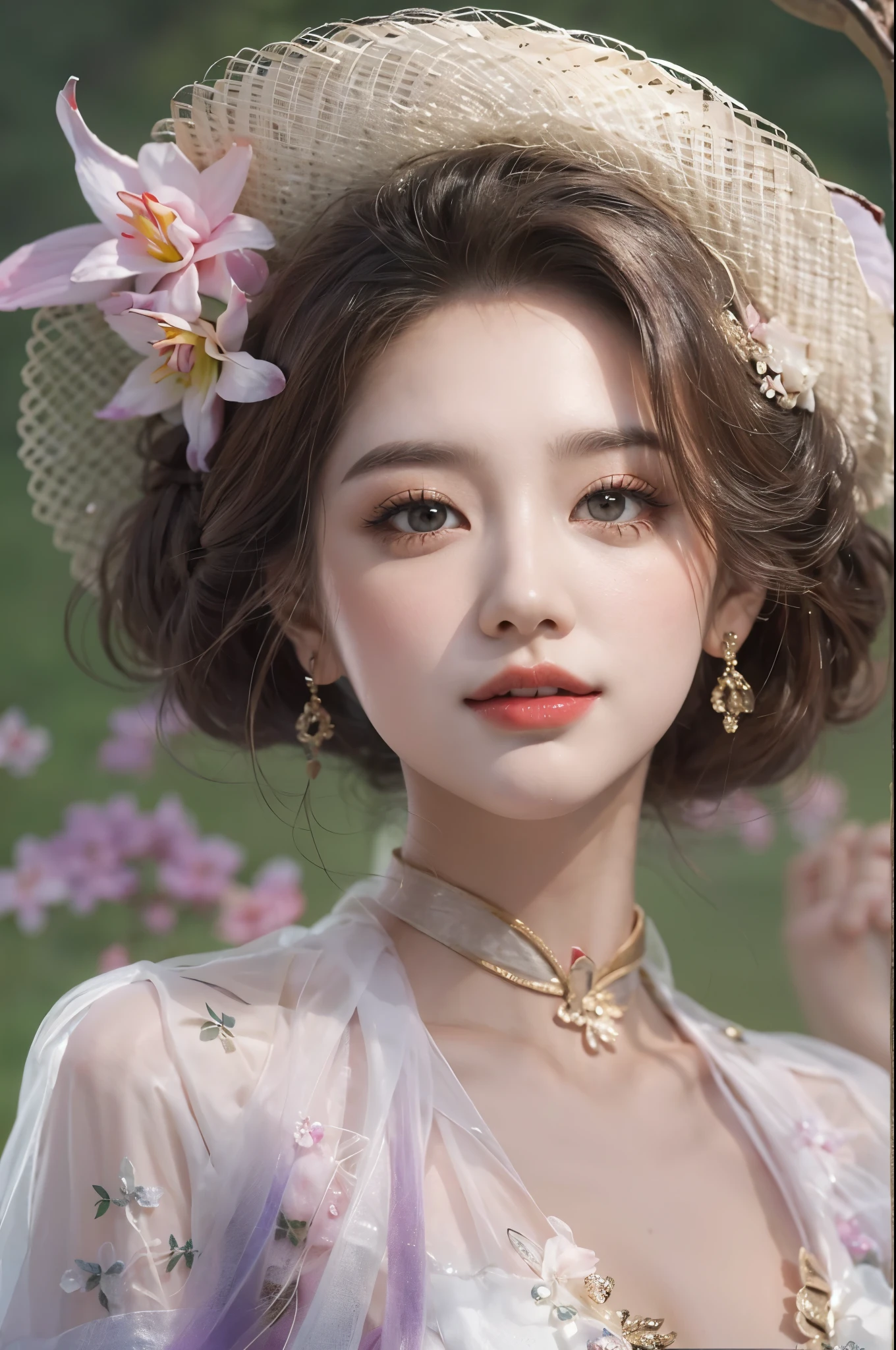 Romantic Rosette dress2, ((cowboy shot)), Redlip, A mature woman, cosmetics, フォトリアリスティック、real photograph、((realistically:1.5))、There are white phalaenopsis around the hair，Lilac dendrobium、white lilies、1 rapariga、Brown hair、floated hair、A plump chest, slim toned body, Charming legs, Hefty Smile, Strike elegant poses, Have extremely beautiful facial features、Hairpin on the head、perfect hand、(natta、themoon、precipice)、 vectorial art、Chinese contemporary art、gentlesoftlighting、looking-down