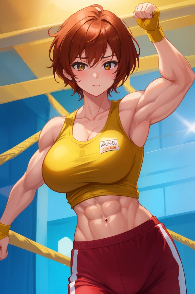 anime, aprnil, 1girl, solo, in a ((yellow gym clothes)), short red hair, brown eyes, 8k, ((half-body)), flexing biceps, wearing boxing gloves, masterpiece, detailed face, smooth soft skin, big dreamy eyes, muscular woman, beautiful intricate colored hair, symmetrical, anime wide eyes, soft lighting, concept art, digital painting,